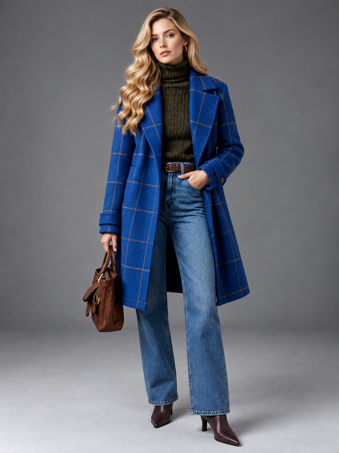 Isabella | Women’s Check Coat | Notched Lapels Side Pockets Everyday Wear - blue, model view, image 13 - Glorysoul