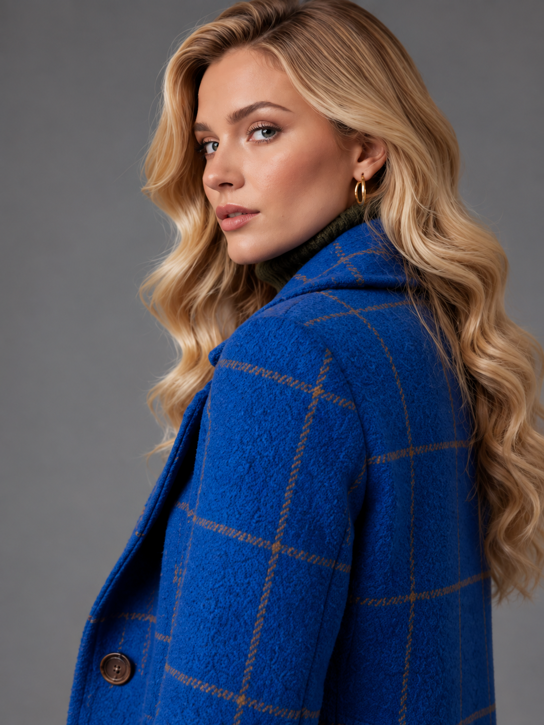 Isabella | Women’s Check Coat | Notched Lapels Side Pockets Everyday Wear - blue, model view, image 14 - Glorysoul