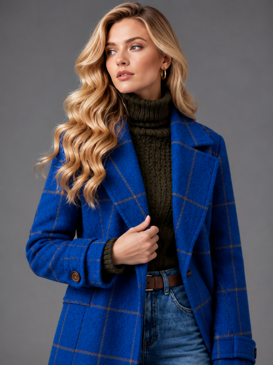Isabella | Women’s Check Coat | Notched Lapels Side Pockets Everyday Wear - blue, model view, image 15 - Glorysoul