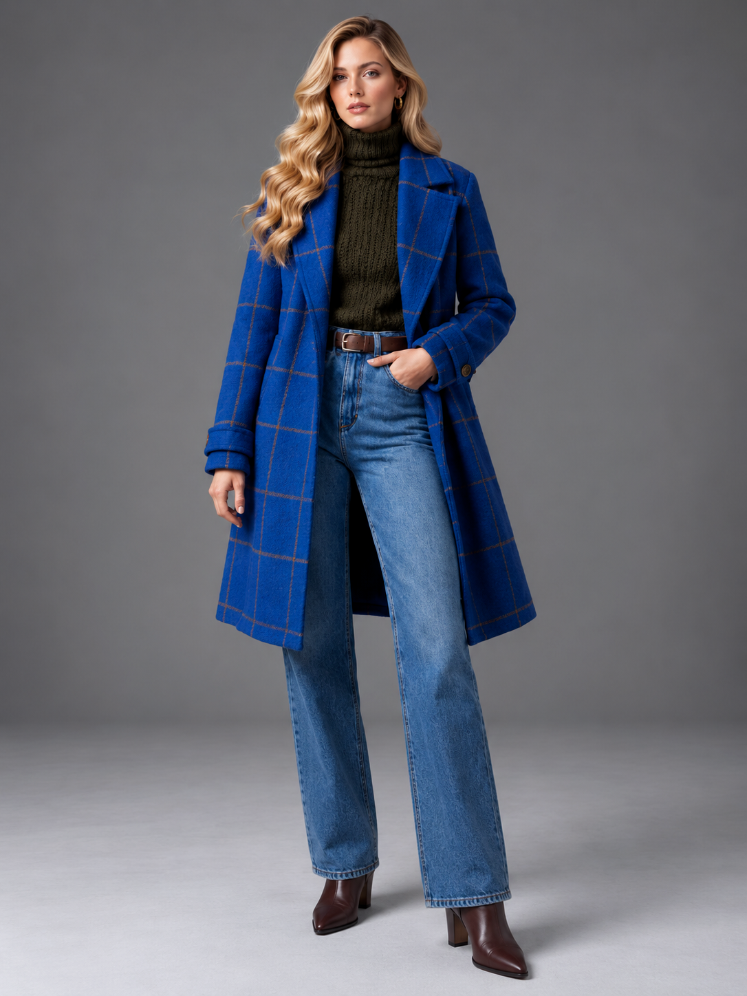 Isabella | Women’s Check Coat | Notched Lapels Side Pockets Everyday Wear - blue, model view, image 16 - Glorysoul