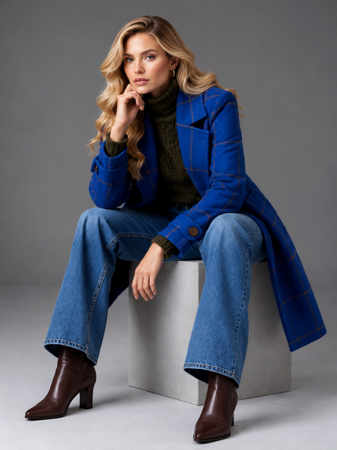 Isabella | Women’s Check Coat | Notched Lapels Side Pockets Everyday Wear - blue, model view, image 17 - Glorysoul