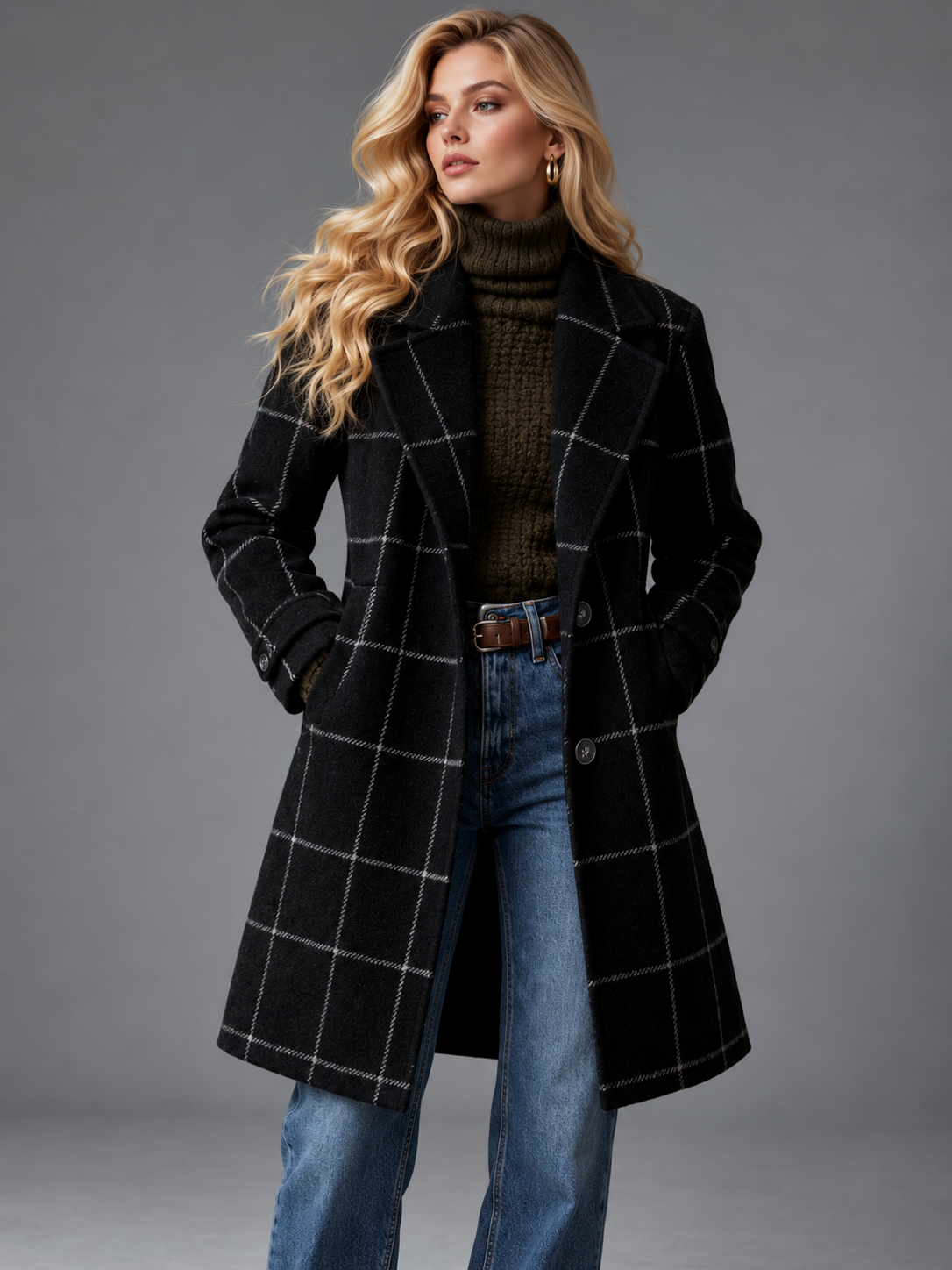 Isabella | Women’s Check Coat | Notched Lapels Side Pockets Everyday Wear - black, model view, image 18 - Glorysoul