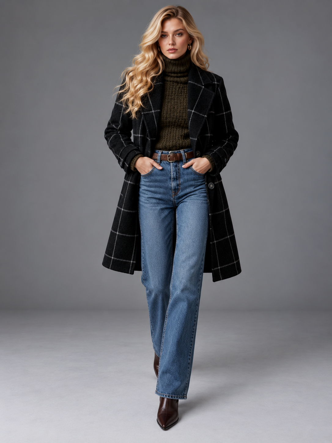 Isabella | Women’s Check Coat | Notched Lapels Side Pockets Everyday Wear - black, model view, image 19 - Glorysoul