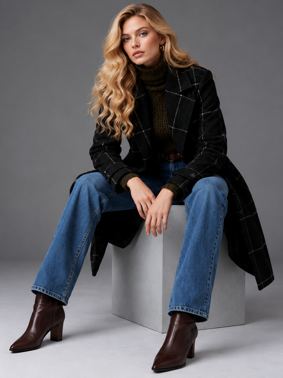 Isabella | Women’s Check Coat | Notched Lapels Side Pockets Everyday Wear - black, model view, image 20 - Glorysoul