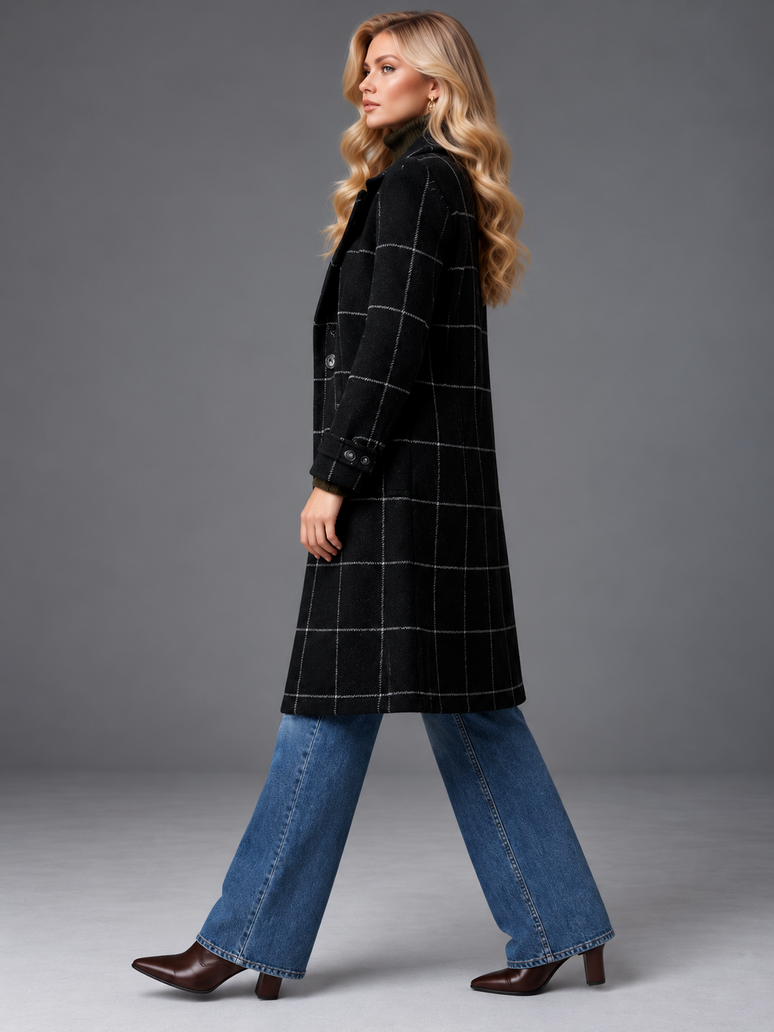 Isabella | Women’s Check Coat | Notched Lapels Side Pockets Everyday Wear - black, model view, image 21 - Glorysoul