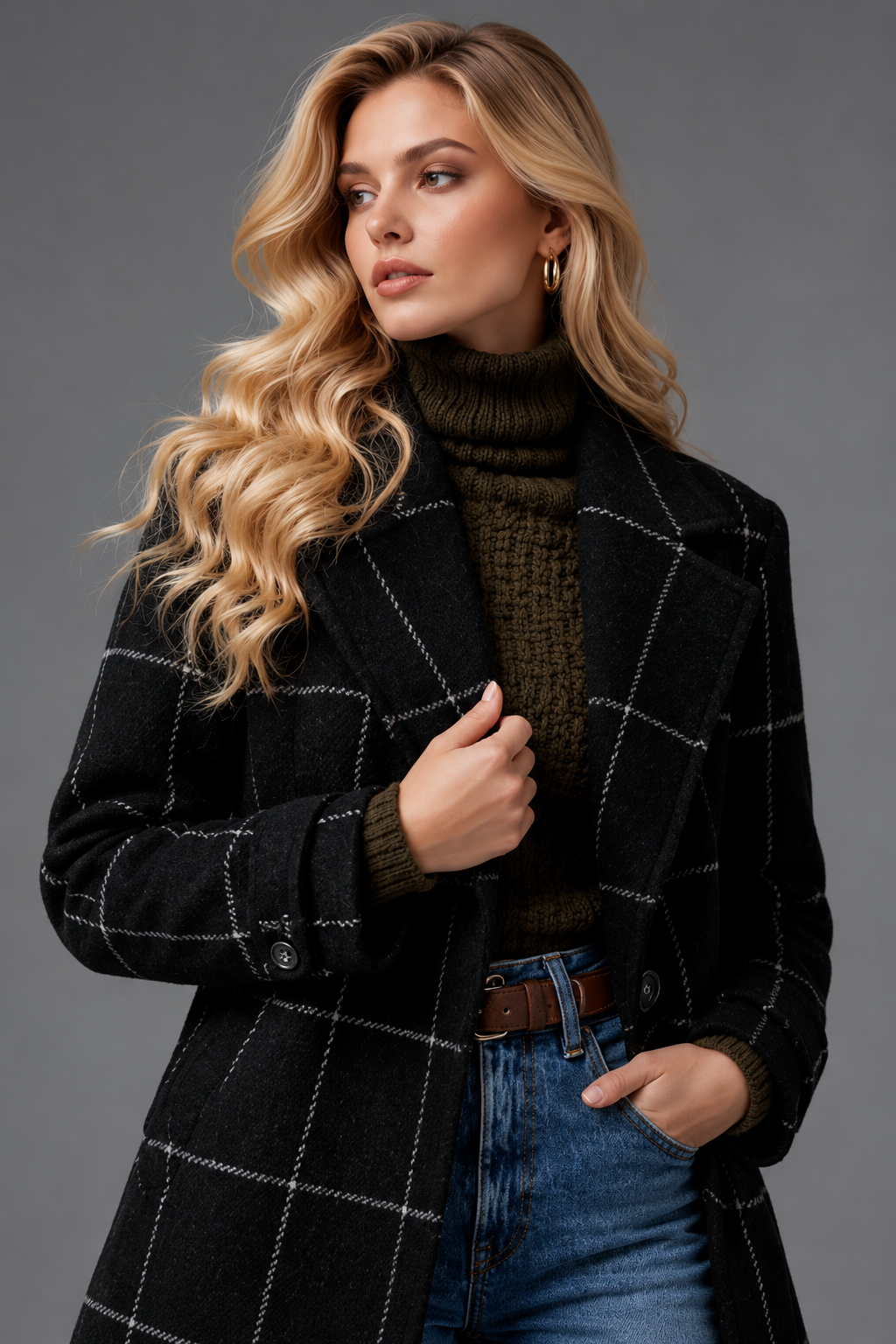 Isabella | Women’s Check Coat | Notched Lapels Side Pockets Everyday Wear - black, model view, image 22 - Glorysoul