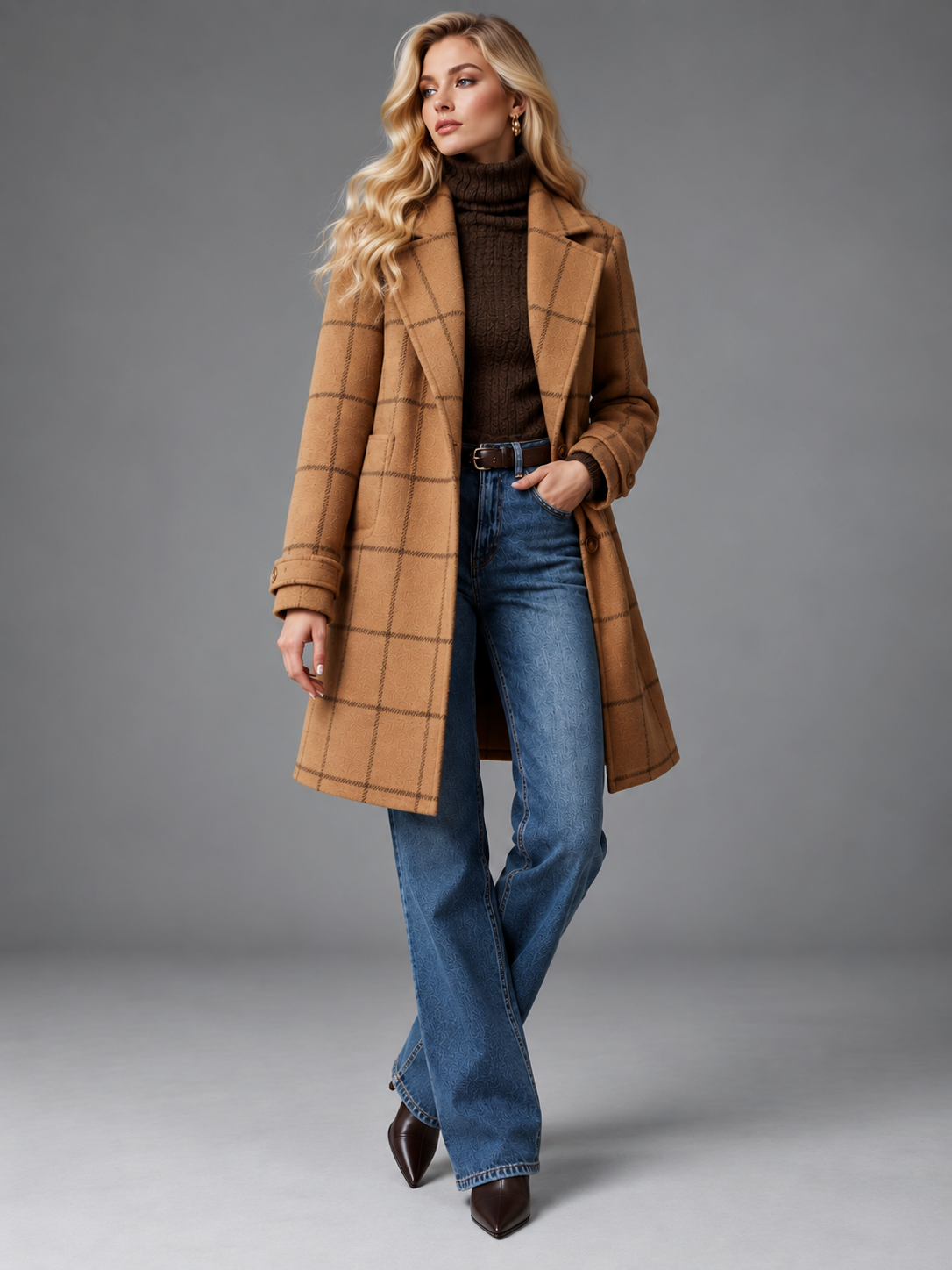 Isabella | Women’s Check Coat | Notched Lapels Side Pockets Everyday Wear - brown, model view, image 23 - Glorysoul