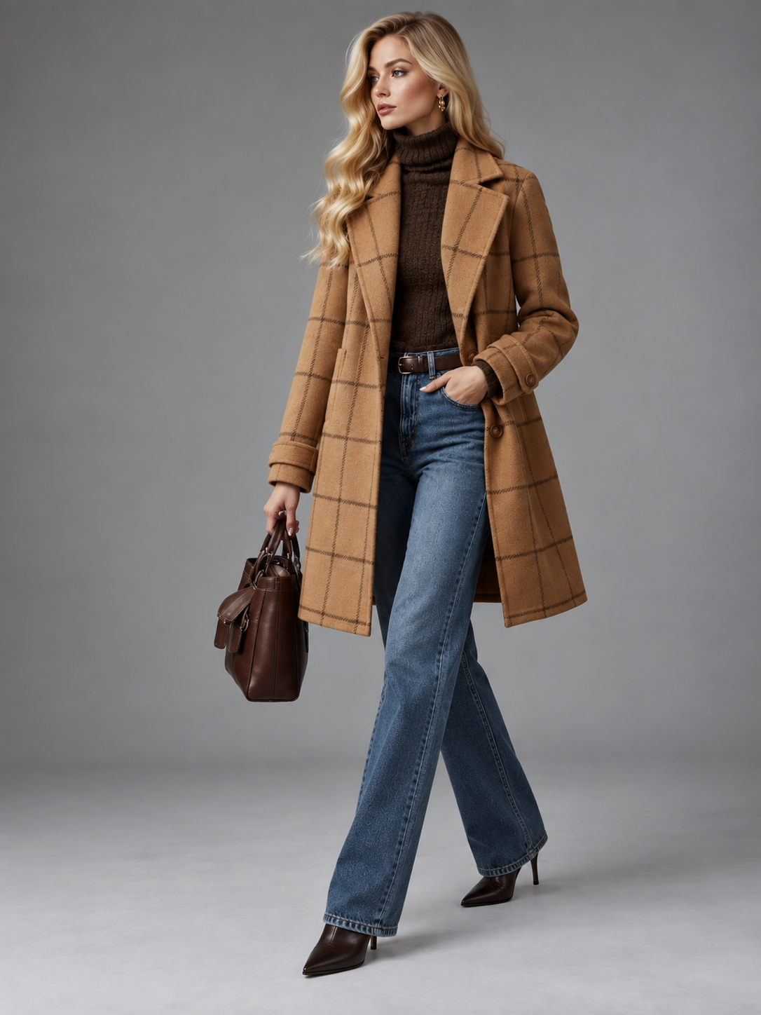 Isabella | Women’s Check Coat | Notched Lapels Side Pockets Everyday Wear - brown, model view, image 24 - Glorysoul