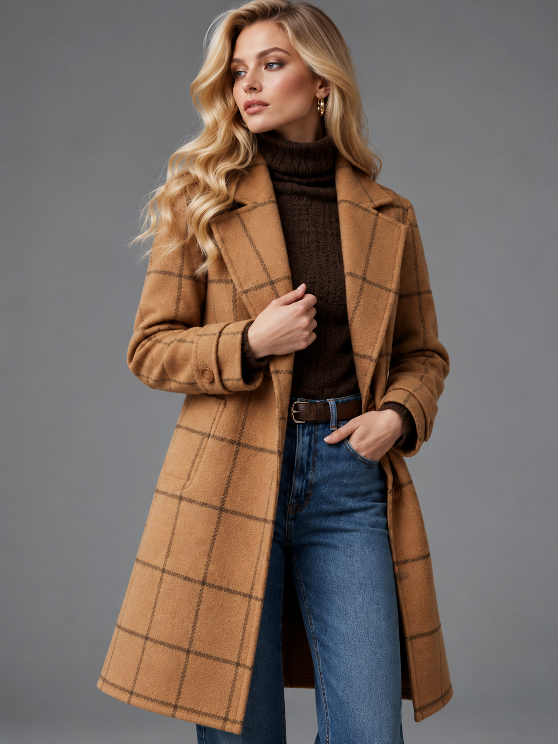 Isabella | Women’s Check Coat | Notched Lapels Side Pockets Everyday Wear - brown, model view, image 25 - Glorysoul
