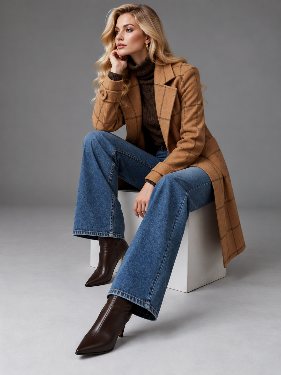 Isabella | Women’s Check Coat | Notched Lapels Side Pockets Everyday Wear - brown, model view, image 26 - Glorysoul