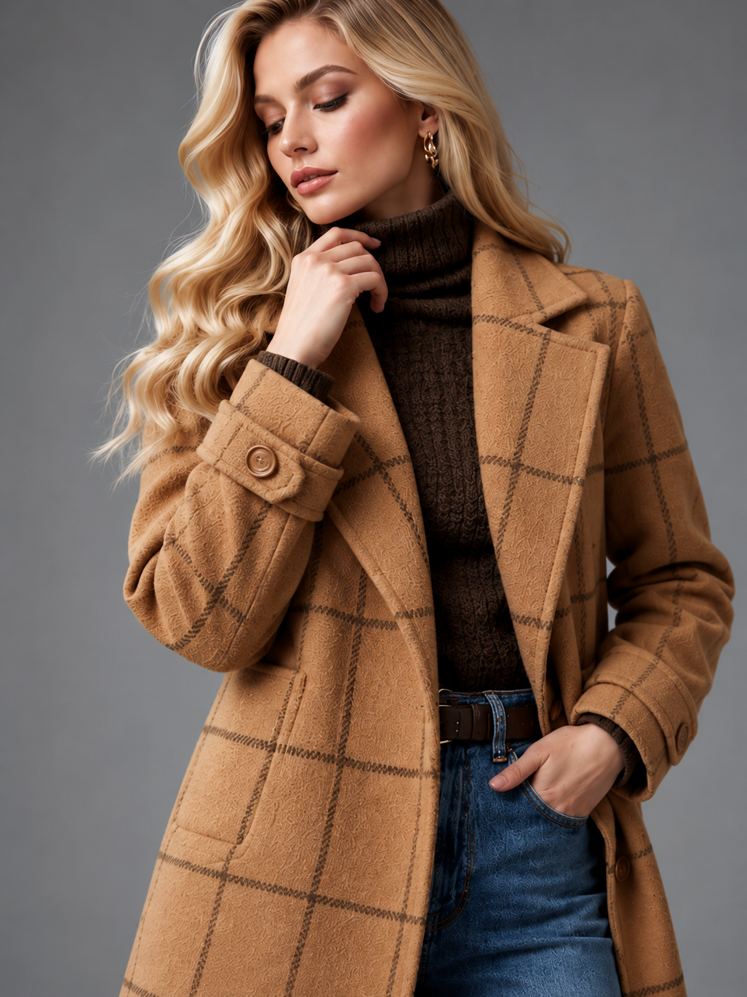 Isabella | Women’s Check Coat | Notched Lapels Side Pockets Everyday Wear - brown, model view, image 27 - Glorysoul