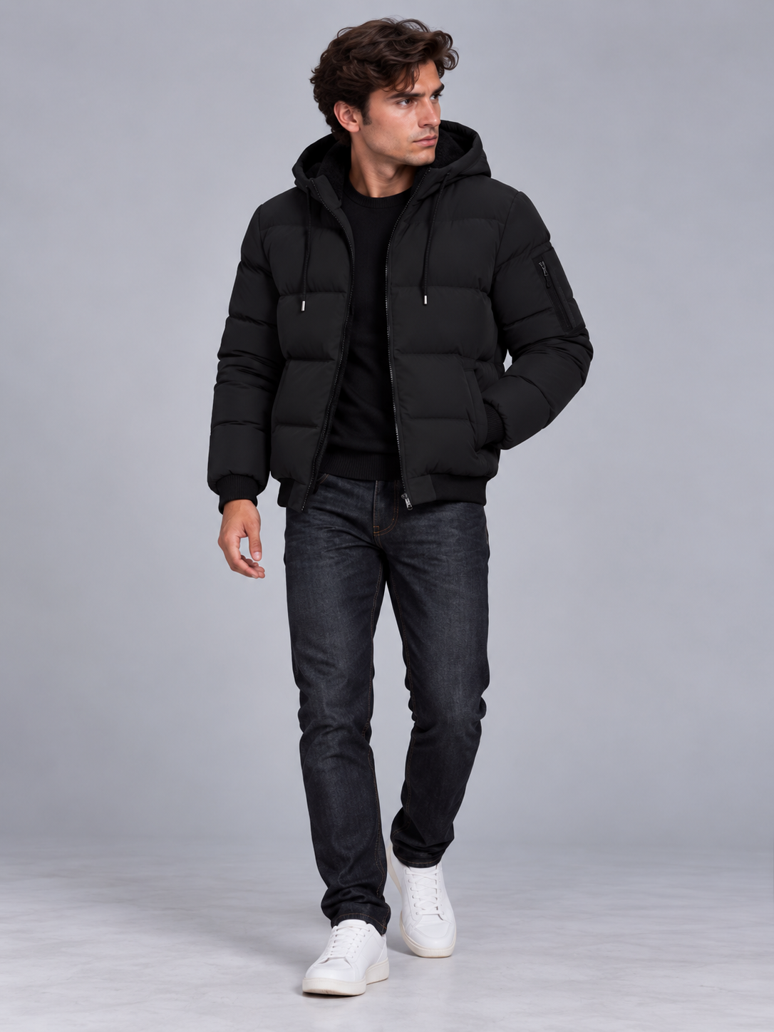 Jack | Men’s Hooded Puffer Jacket | Front Zip Sleeve Zip Pocket Everyday Wear - black, image 10 - Glorysoul