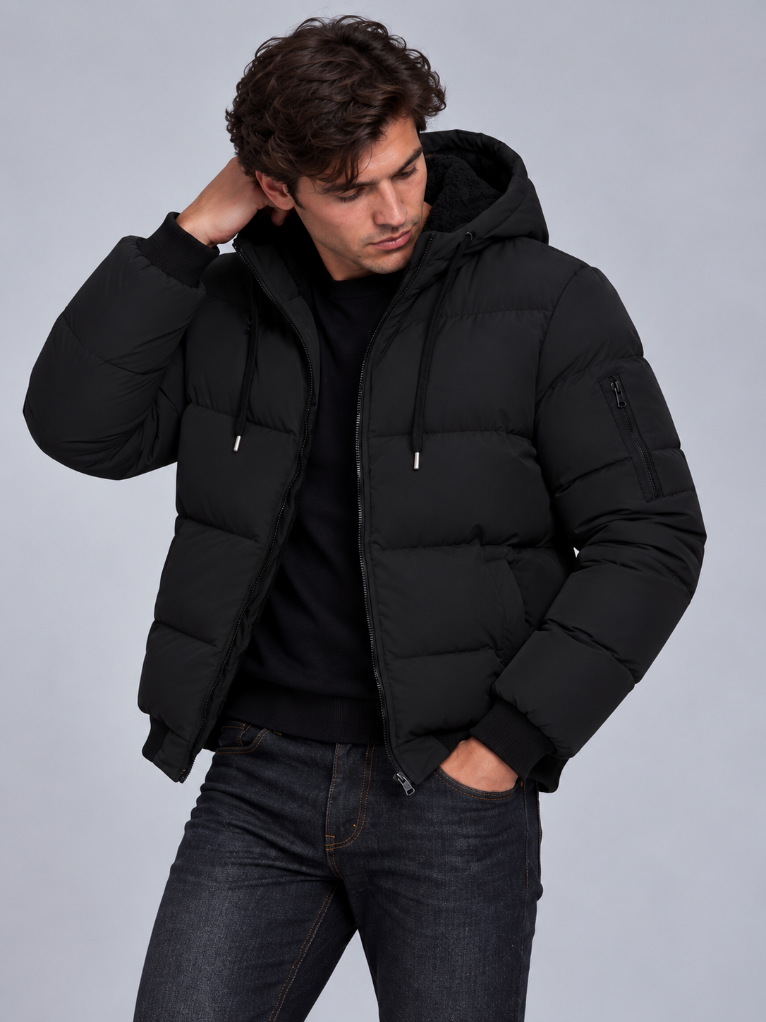 Jack | Men’s Hooded Puffer Jacket | Front Zip Sleeve Zip Pocket Everyday Wear - black, image 11 - Glorysoul