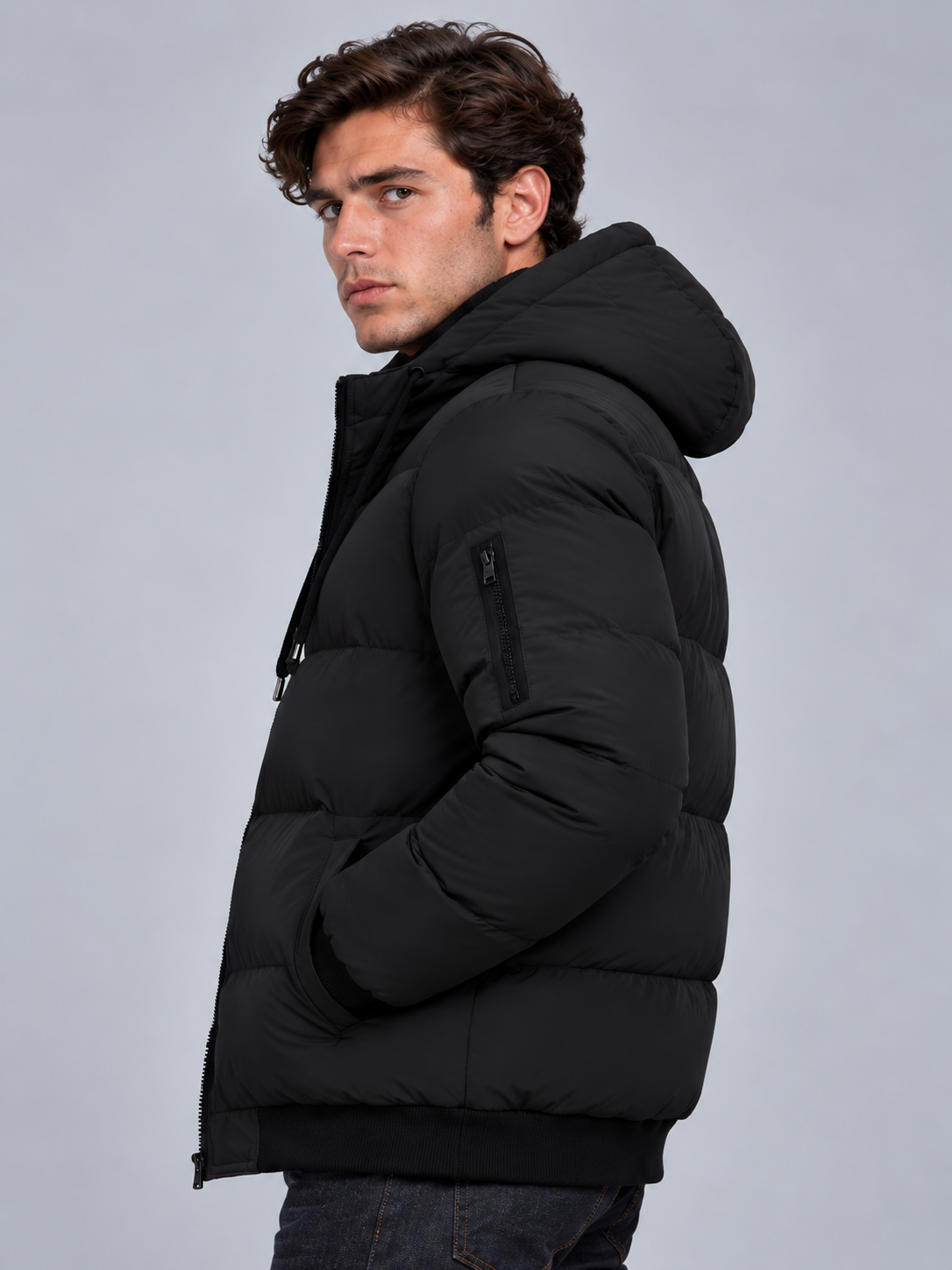 Jack | Men’s Hooded Puffer Jacket | Front Zip Sleeve Zip Pocket Everyday Wear - black, image 12 - Glorysoul