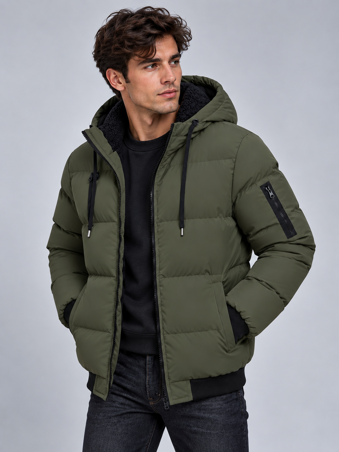 Jack | Men’s Hooded Puffer Jacket | Front Zip Sleeve Zip Pocket Everyday Wear - fern green, image 01 - Glorysoul