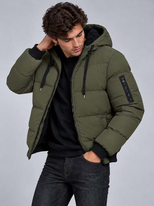 Jack | Men’s Hooded Puffer Jacket | Front Zip Sleeve Zip Pocket Everyday Wear - fern green, image 02 - Glorysoul