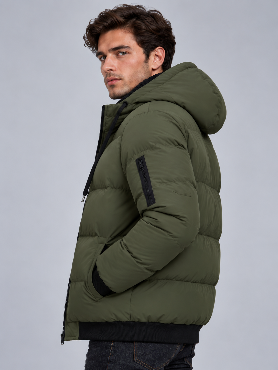Jack | Men’s Hooded Puffer Jacket | Front Zip Sleeve Zip Pocket Everyday Wear - fern green, image 03 - Glorysoul