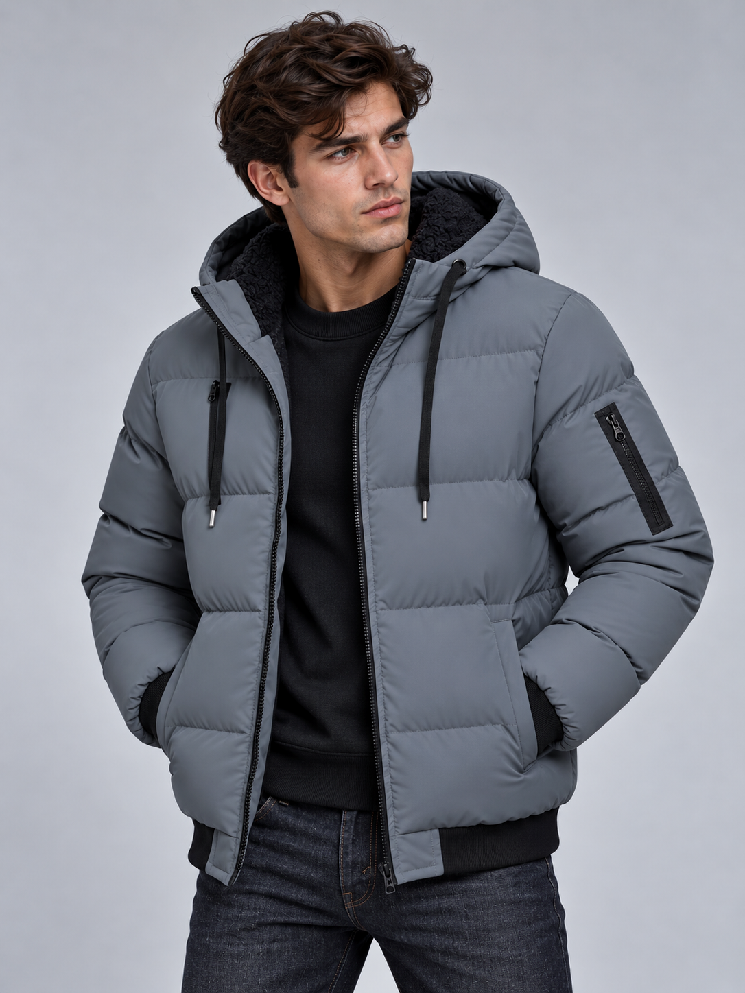 Jack | Men’s Hooded Puffer Jacket | Front Zip Sleeve Zip Pocket Everyday Wear - grey, image 05 - Glorysoul