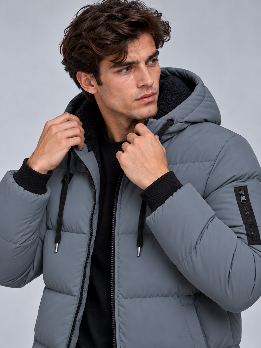 Jack | Men’s Hooded Puffer Jacket | Front Zip Sleeve Zip Pocket Everyday Wear - grey, image 06 - Glorysoul