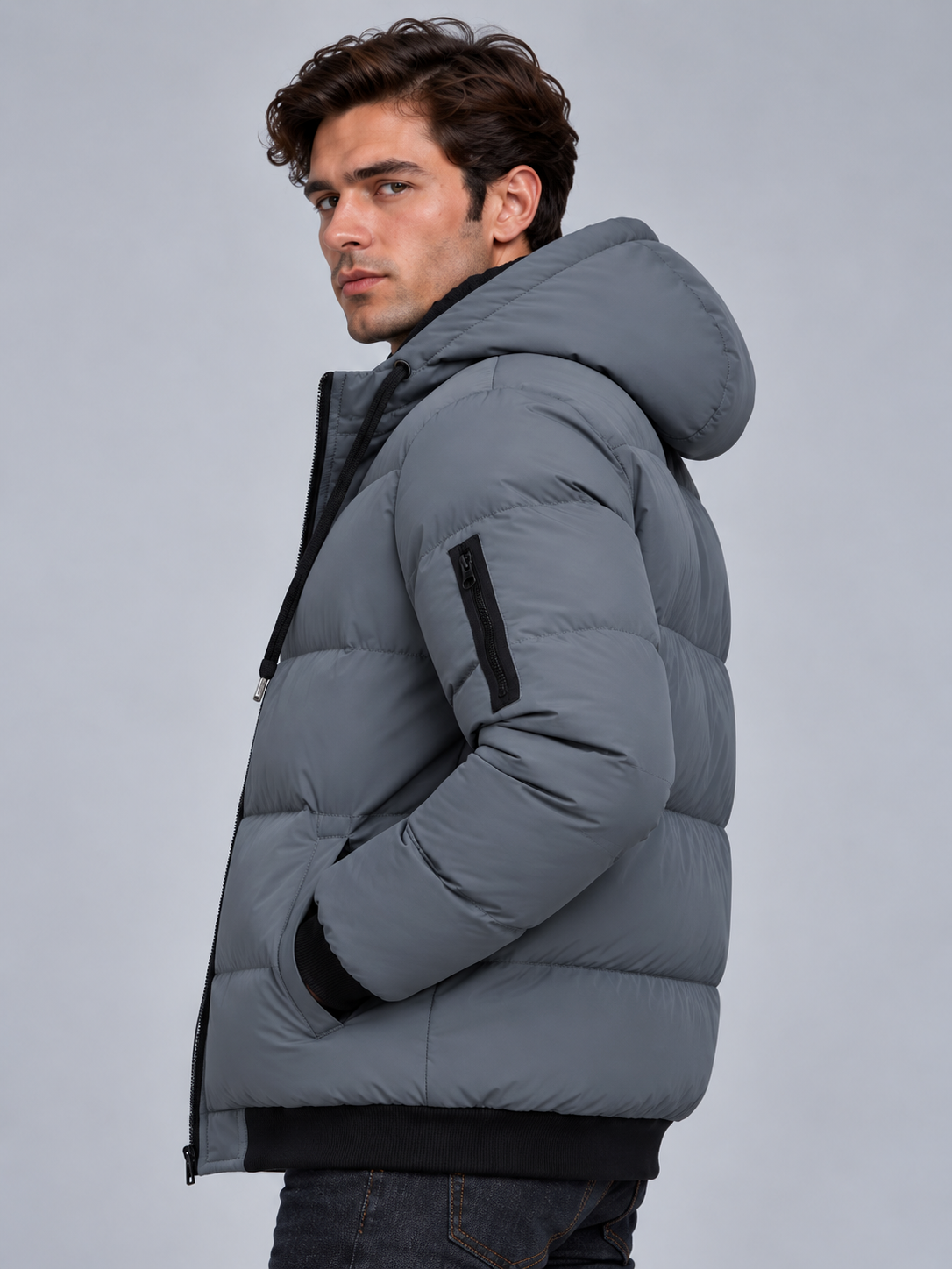 Jack | Men’s Hooded Puffer Jacket | Front Zip Sleeve Zip Pocket Everyday Wear - grey, image 07 - Glorysoul