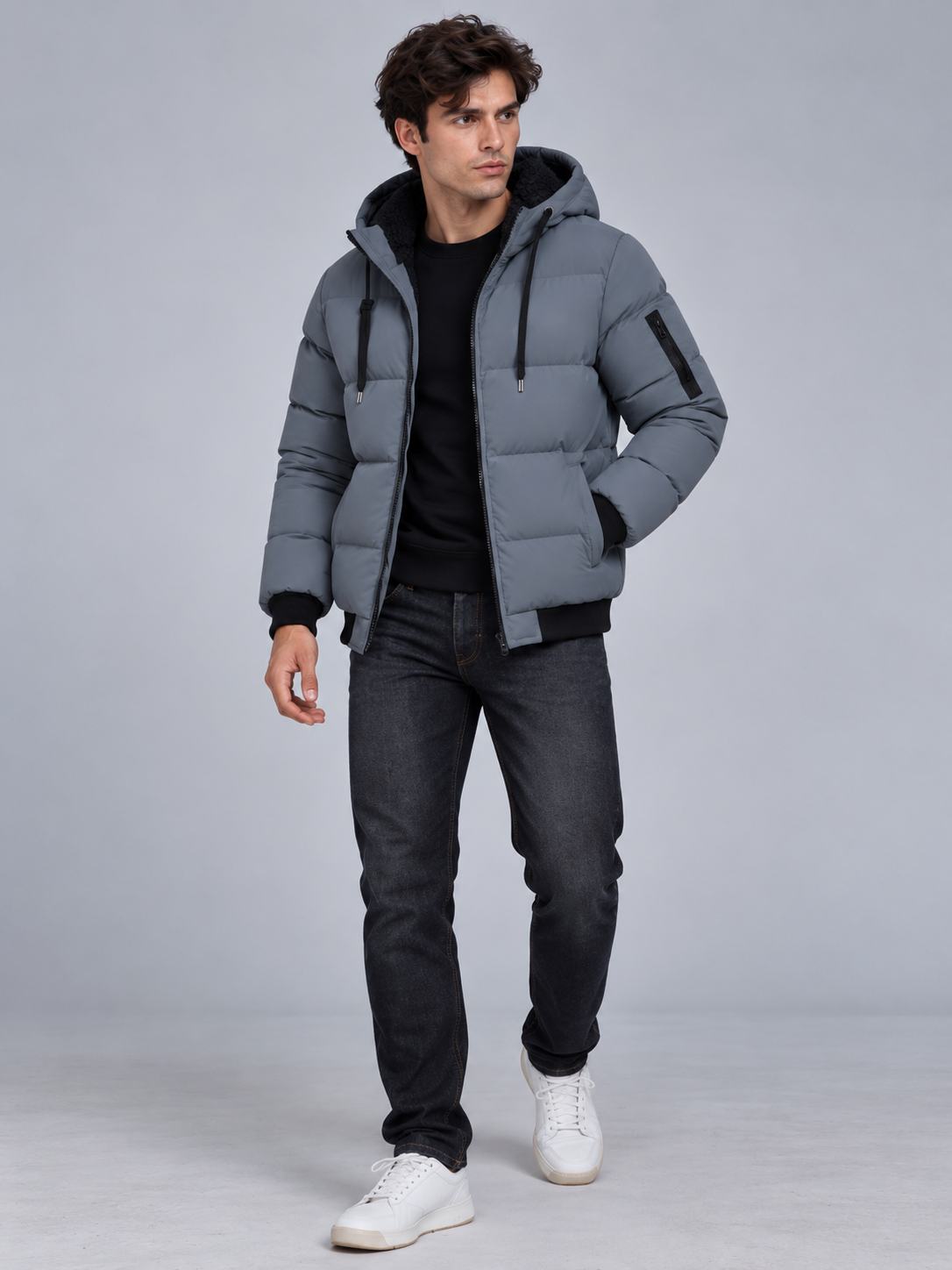 Jack | Men’s Hooded Puffer Jacket | Front Zip Sleeve Zip Pocket Everyday Wear - grey, image 08 - Glorysoul