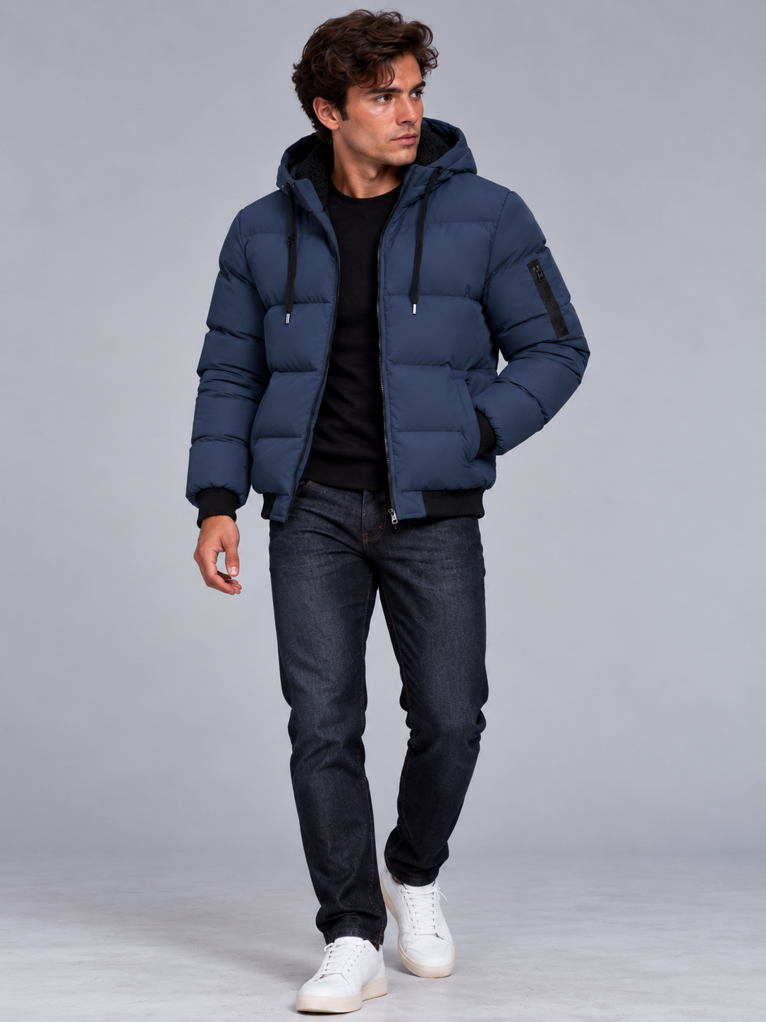 Jack | Men’s Hooded Puffer Jacket | Front Zip Sleeve Zip Pocket Everyday Wear - navy blue, image 14 - Glorysoul