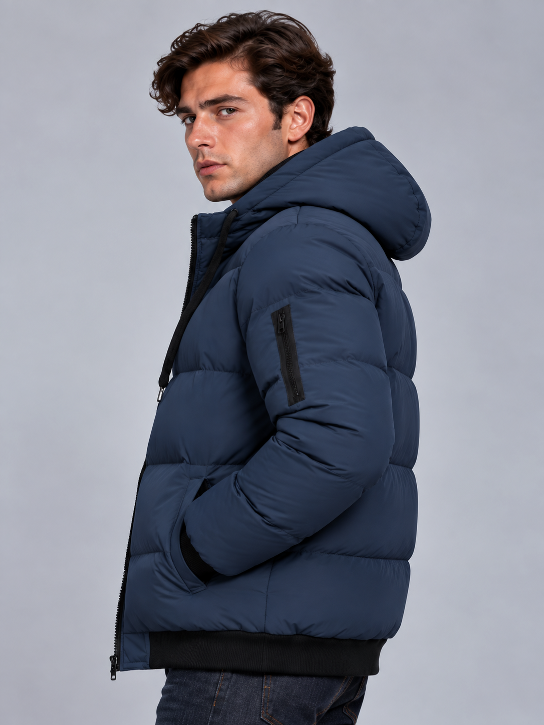 Jack | Men’s Hooded Puffer Jacket | Front Zip Sleeve Zip Pocket Everyday Wear - navy blue, image 15 - Glorysoul
