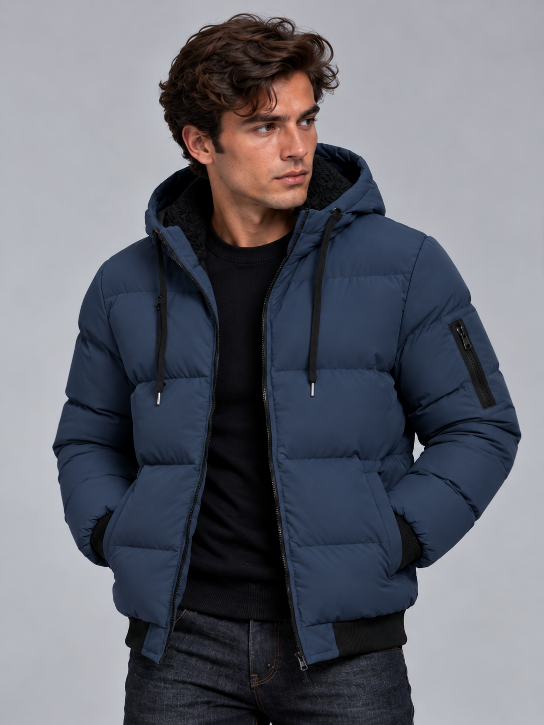 Jack | Men’s Hooded Puffer Jacket | Front Zip Sleeve Zip Pocket Everyday Wear - navy blue, image 16 - Glorysoul