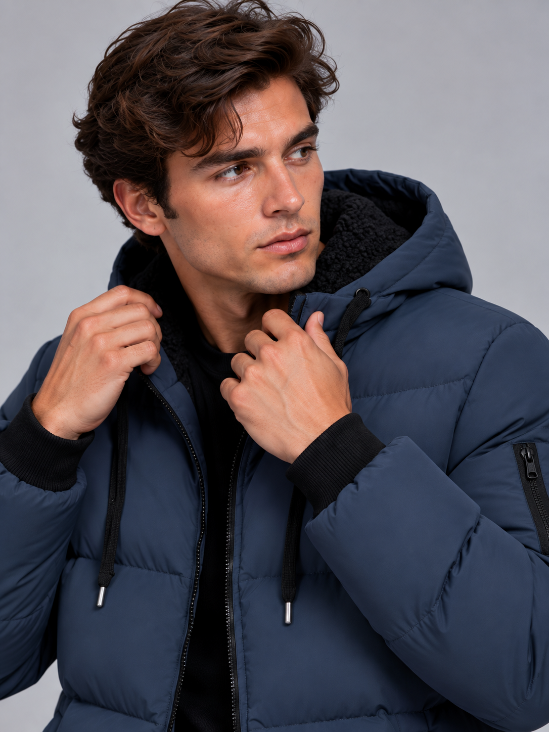 Jack | Men’s Hooded Puffer Jacket | Front Zip Sleeve Zip Pocket Everyday Wear - navy blue, image 18 - Glorysoul