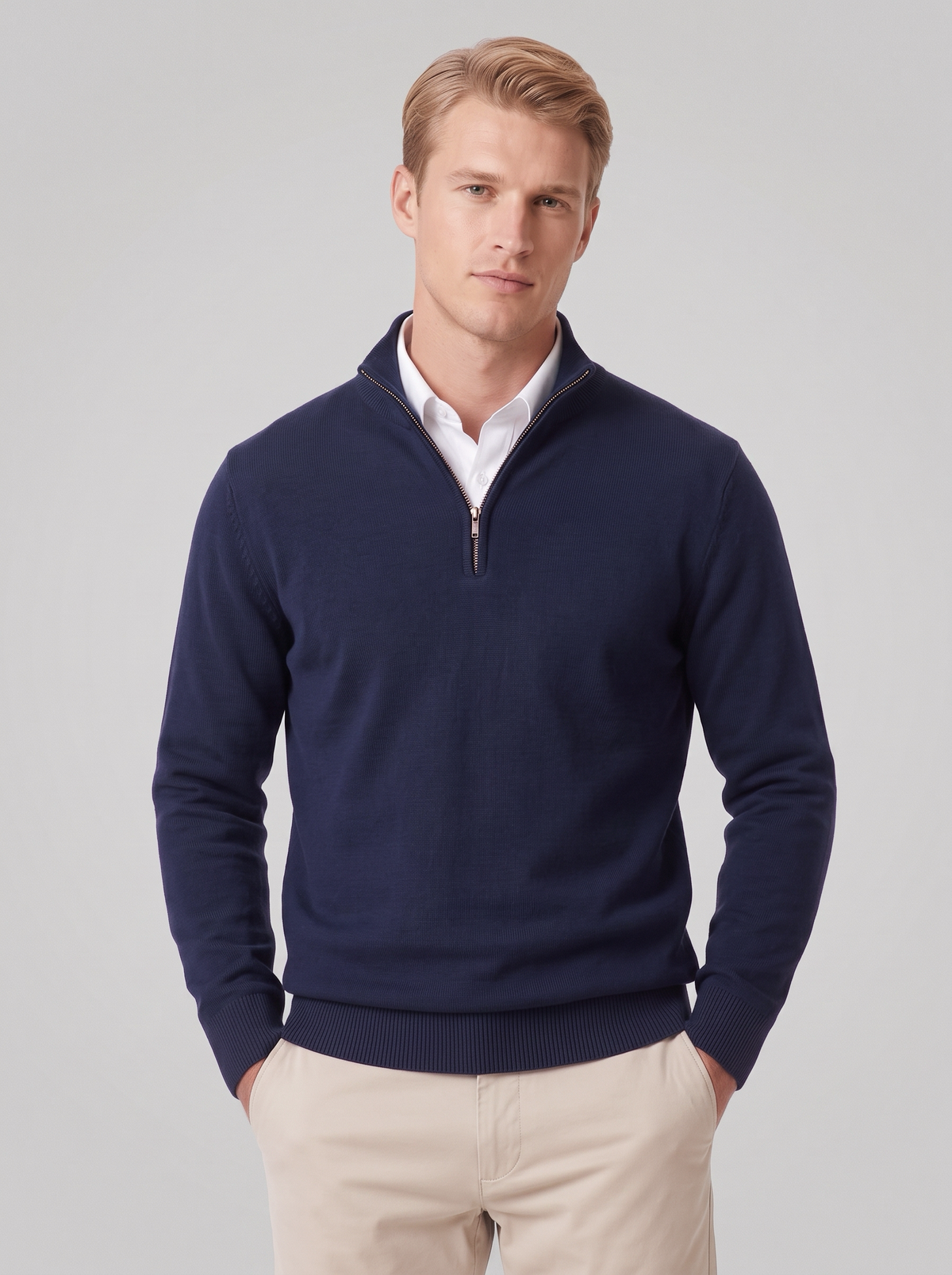 James | Men’s Quarter-Zip Jumper | Stand Collar Ribbed Cuffs Everyday Wear - blue, front view, image 01 - Glorysoul