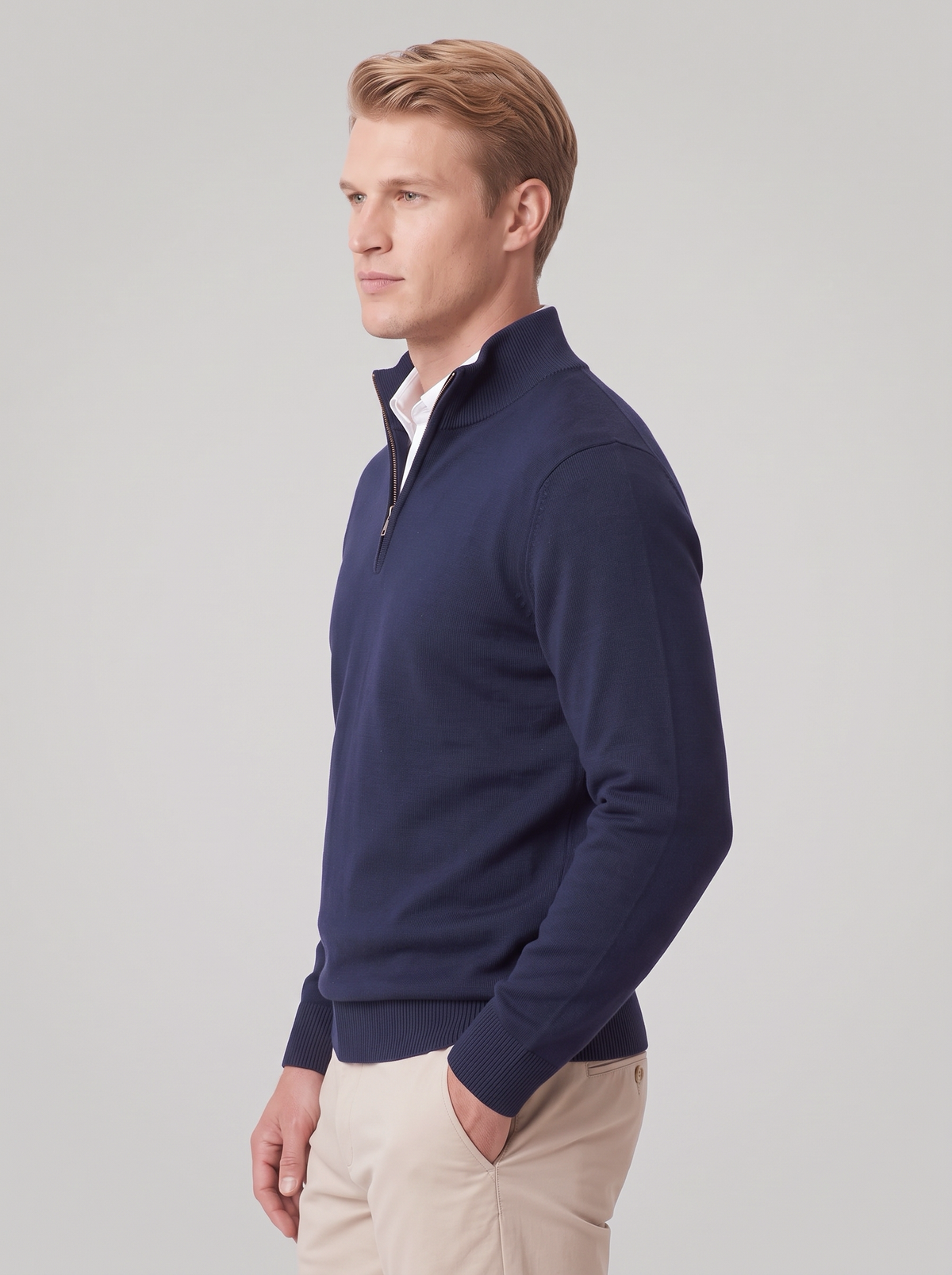 James | Men’s Quarter-Zip Jumper | Stand Collar Ribbed Cuffs Everyday Wear - blue, side view, image 02 - Glorysoul