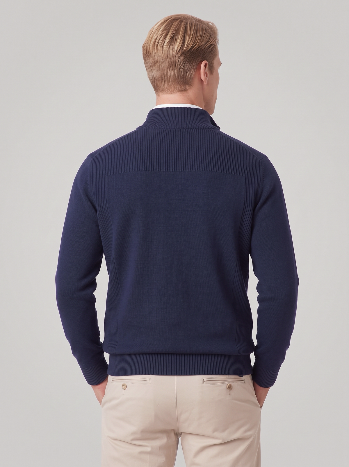 James | Men’s Quarter-Zip Jumper | Stand Collar Ribbed Cuffs Everyday Wear - blue, back view, image 03 - Glorysoul