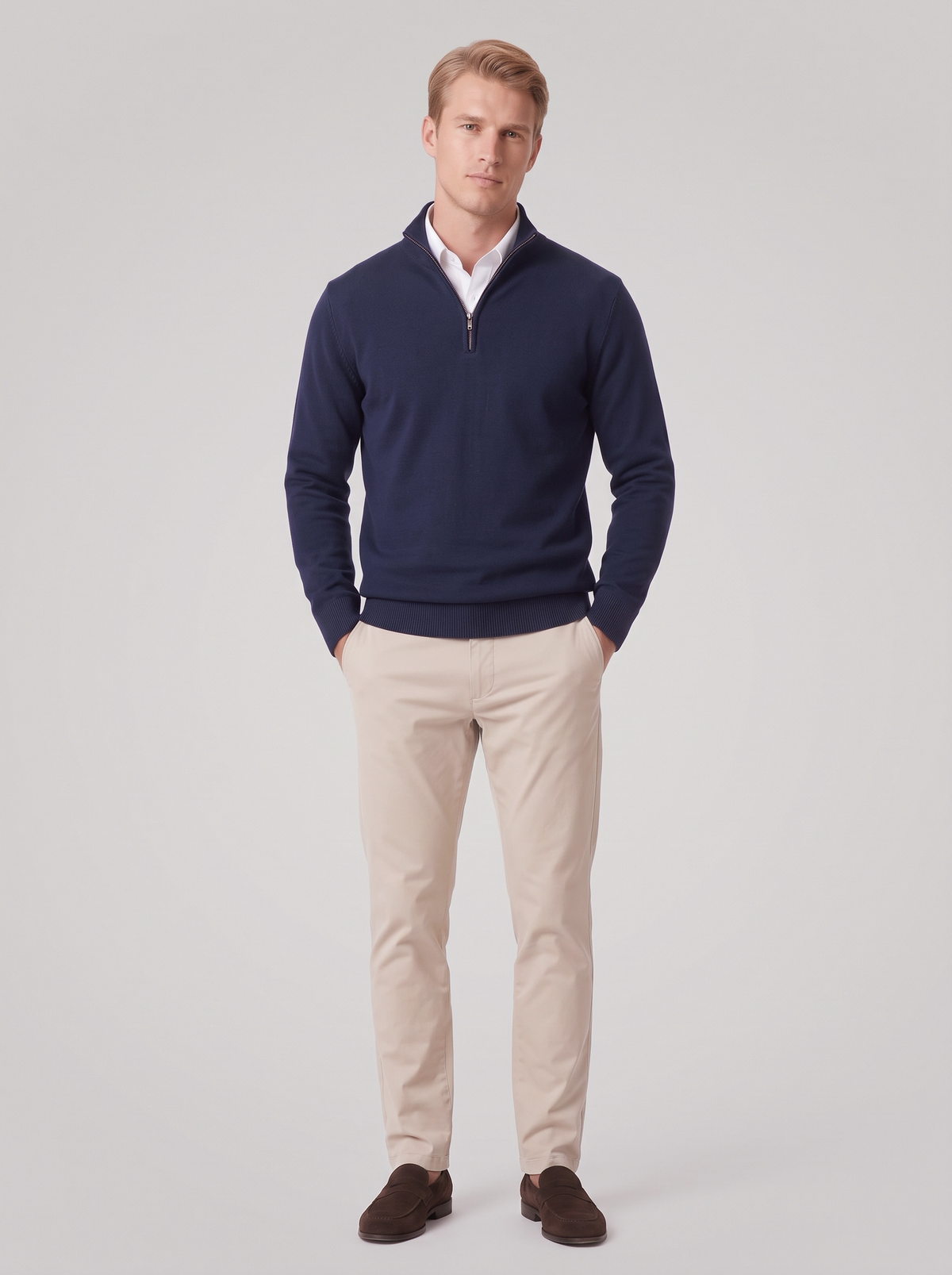 James | Men’s Quarter-Zip Jumper | Stand Collar Ribbed Cuffs Everyday Wear - blue, full-length view, image 04 - Glorysoul