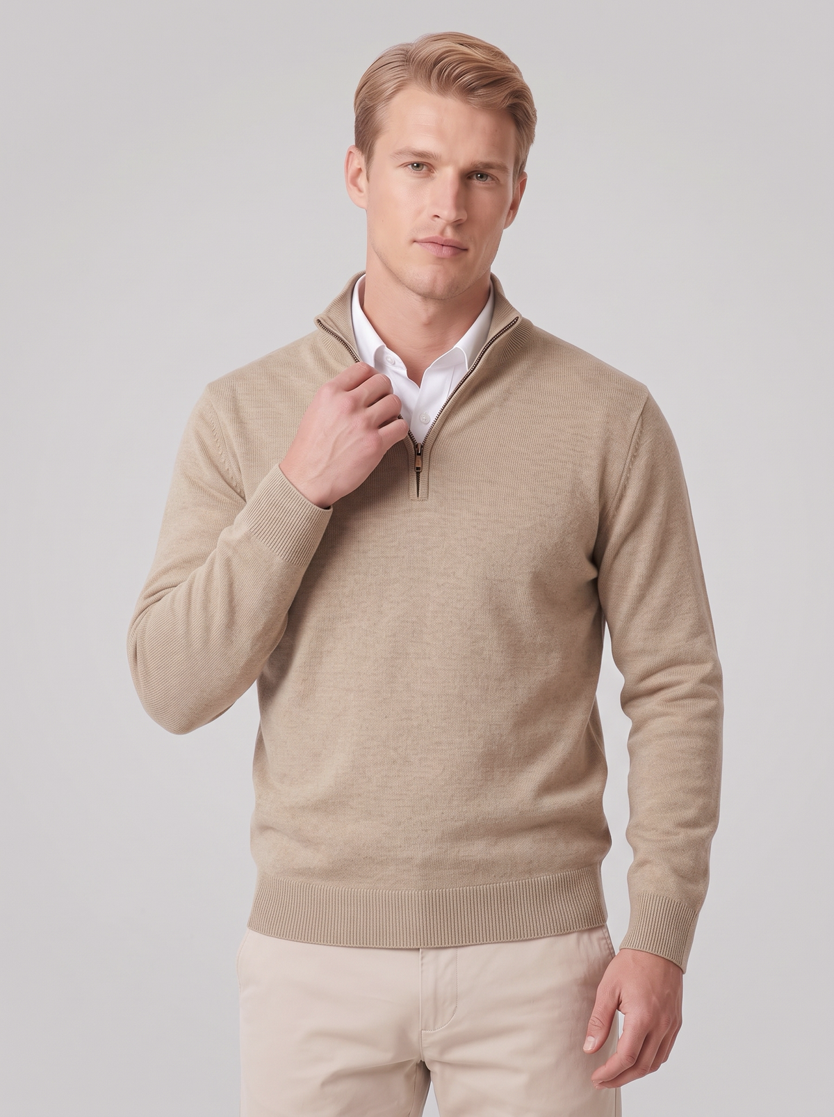 James | Men’s Quarter-Zip Jumper | Stand Collar Ribbed Cuffs Everyday Wear - beige, front view, image 06 - Glorysoul