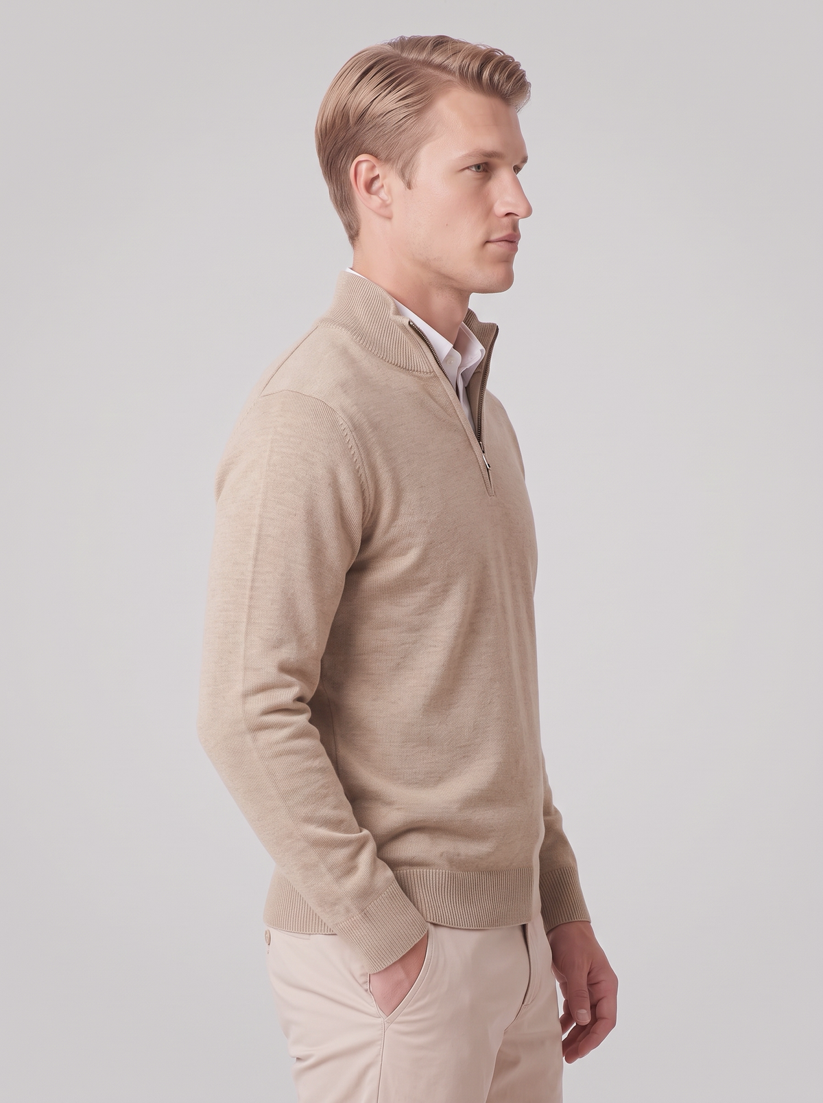 James | Men’s Quarter-Zip Jumper | Stand Collar Ribbed Cuffs Everyday Wear - beige, side view, image 07 - Glorysoul