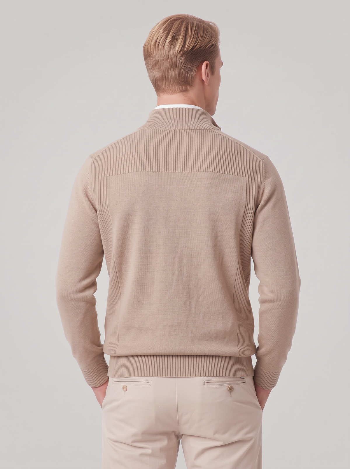 James | Men’s Quarter-Zip Jumper | Stand Collar Ribbed Cuffs Everyday Wear - beige, back view, image 08 - Glorysoul