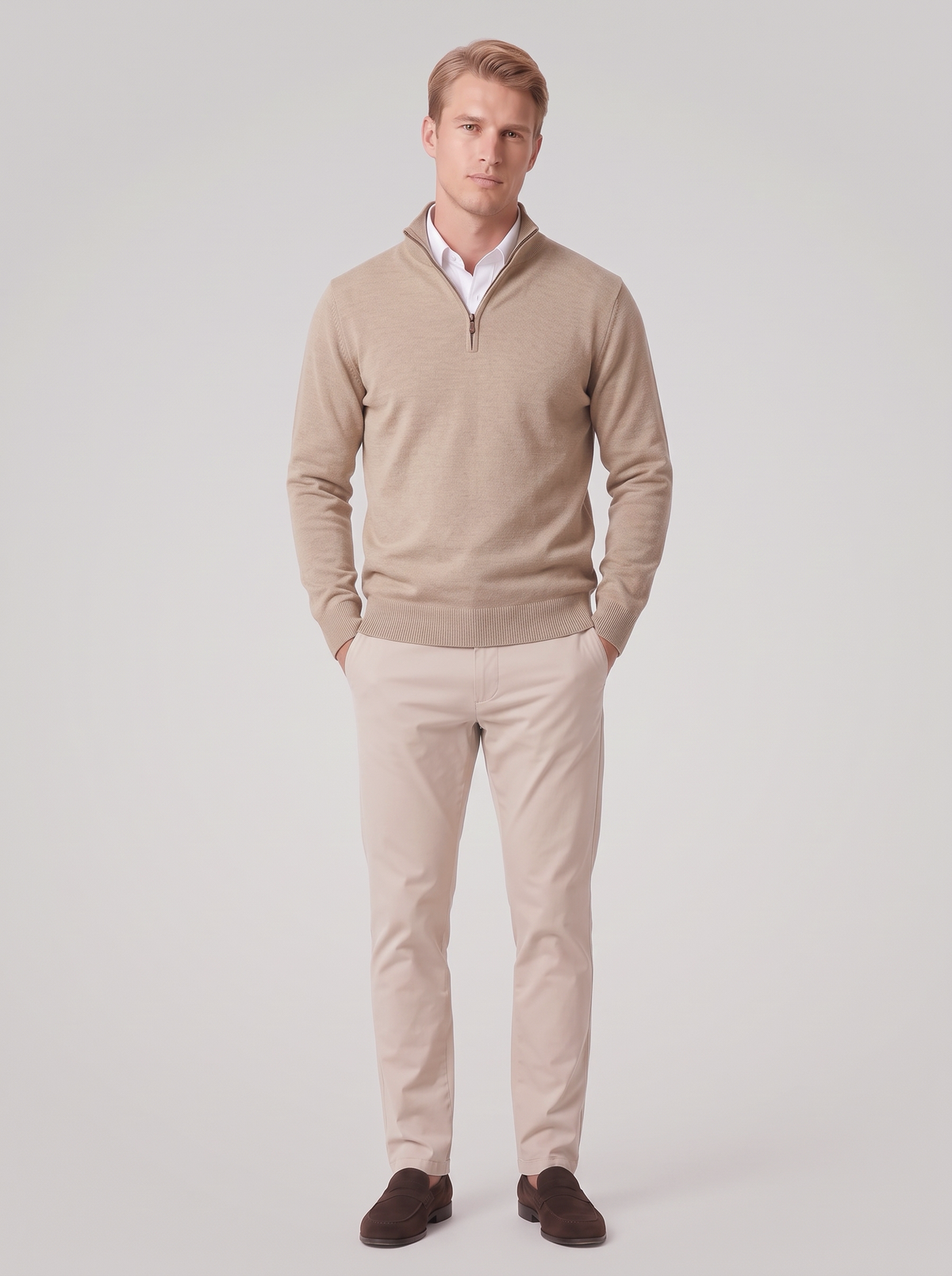 James | Men’s Quarter-Zip Jumper | Stand Collar Ribbed Cuffs Everyday Wear - beige, full-length view, image 09 - Glorysoul