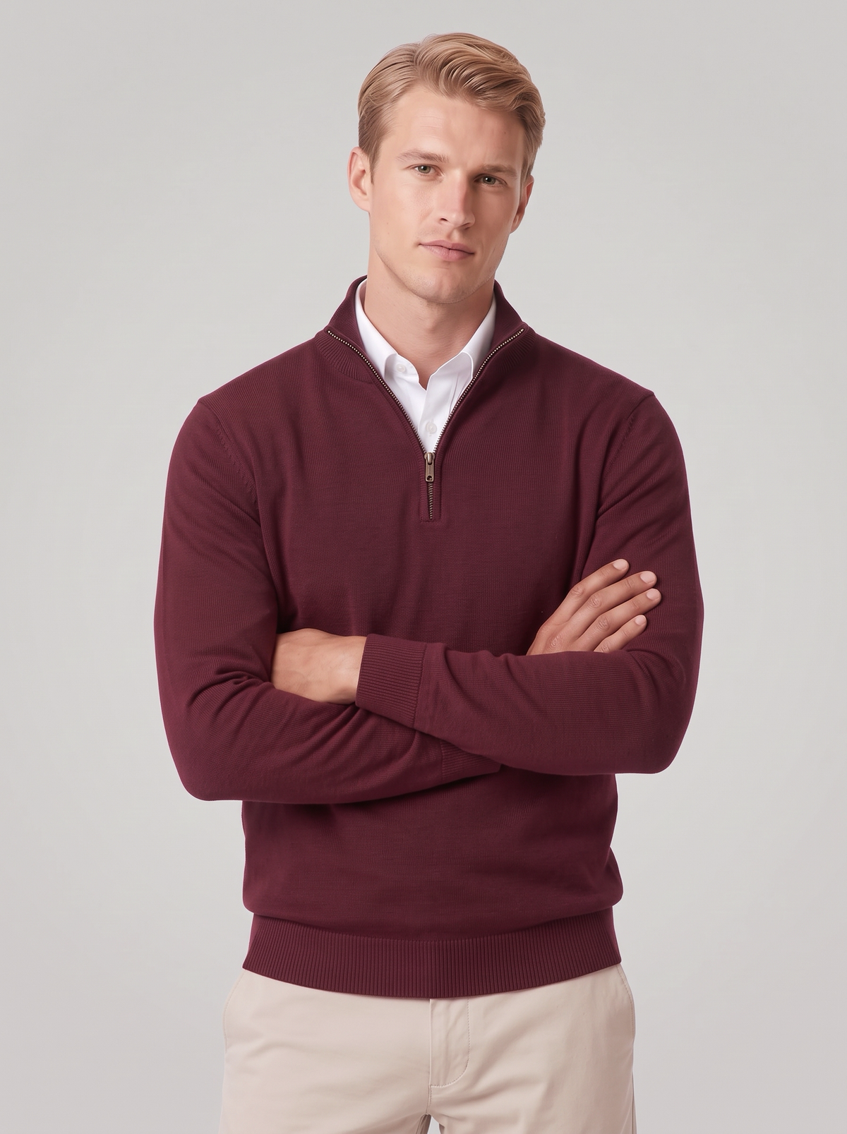 James | Men’s Quarter-Zip Jumper | Stand Collar Ribbed Cuffs Everyday Wear - burgundy, front view, image 11 - Glorysoul