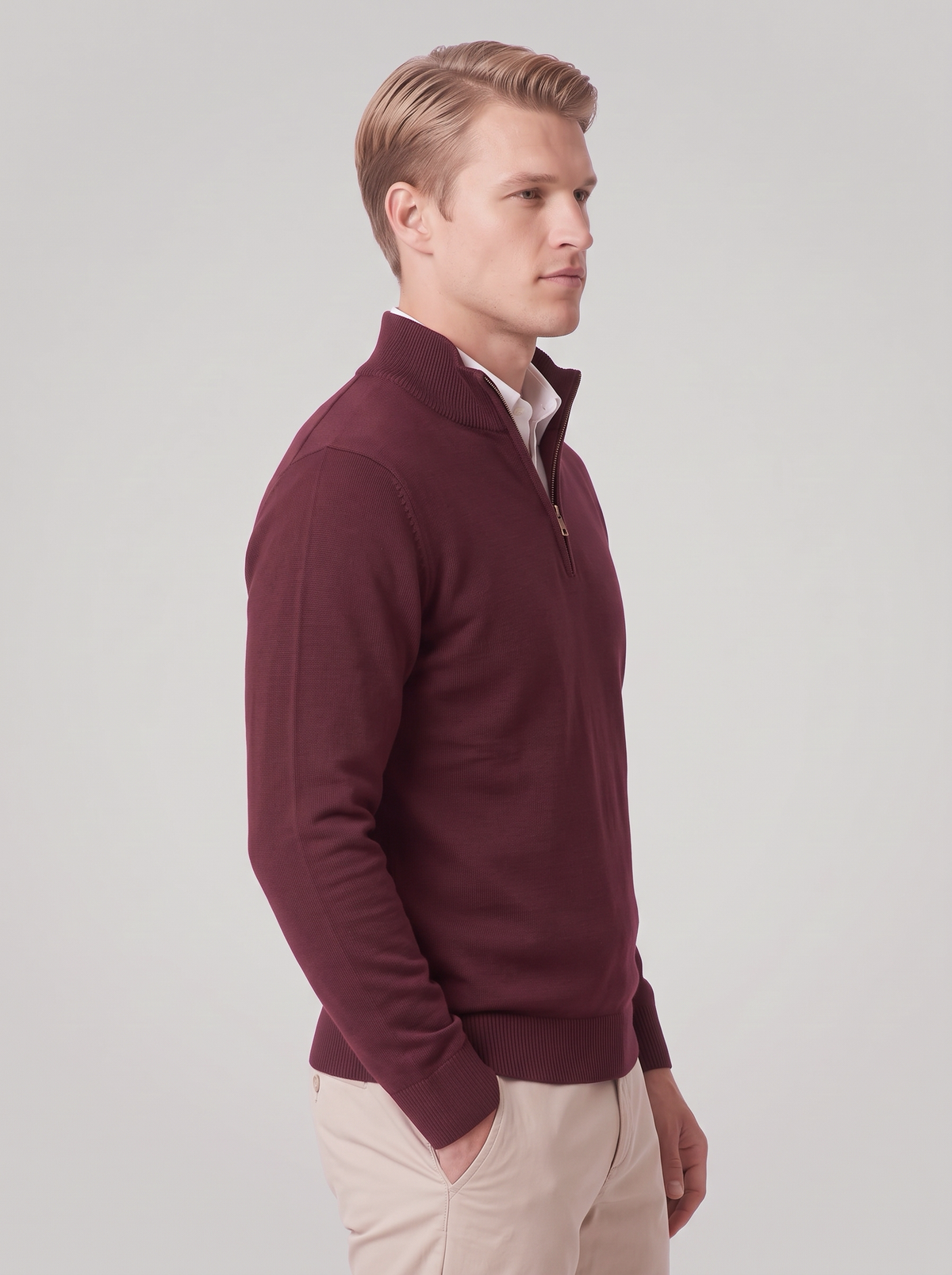 James | Men’s Quarter-Zip Jumper | Stand Collar Ribbed Cuffs Everyday Wear - burgundy, side view, image 12 - Glorysoul