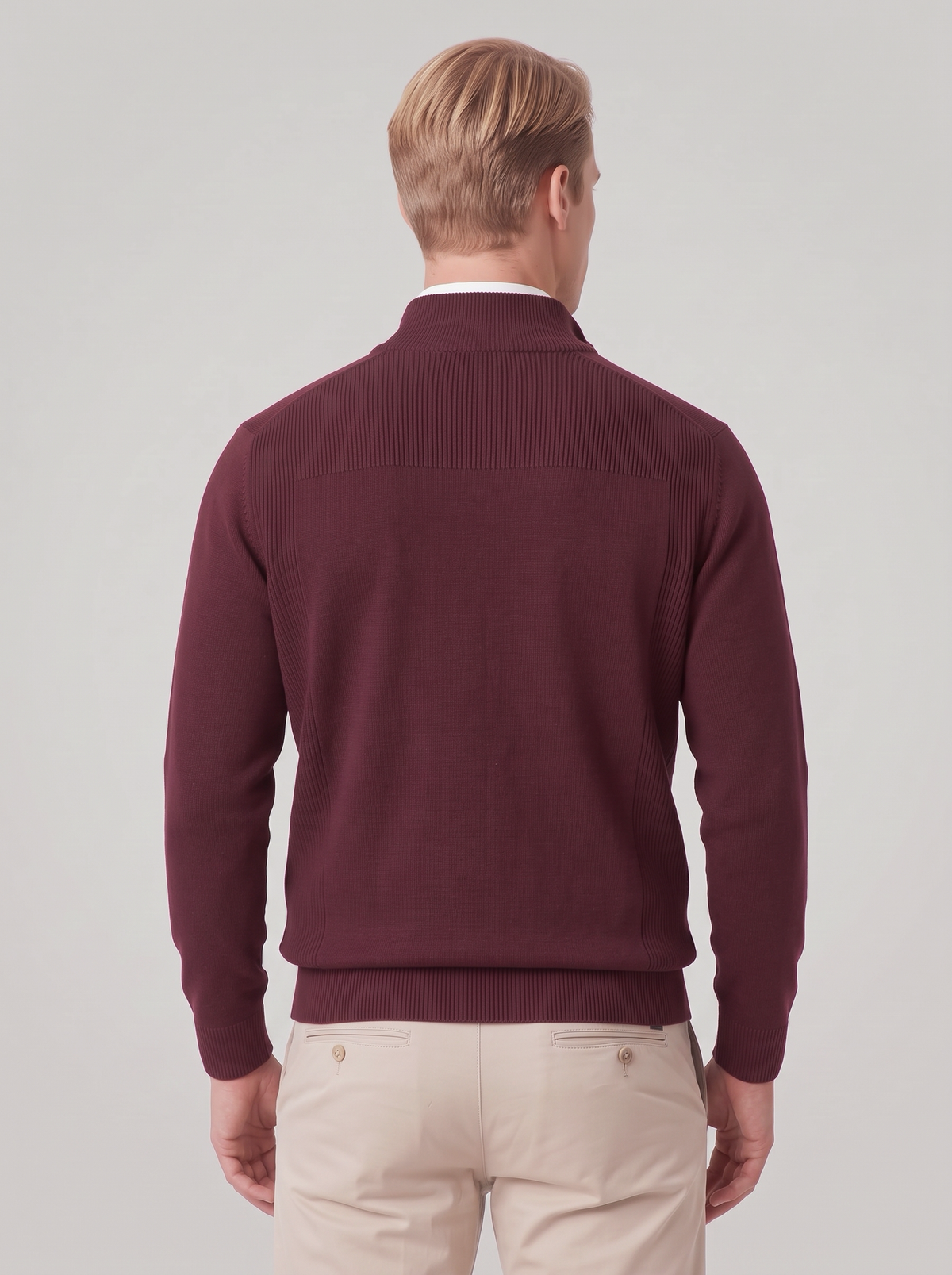 James | Men’s Quarter-Zip Jumper | Stand Collar Ribbed Cuffs Everyday Wear - burgundy, back view, image 13 - Glorysoul