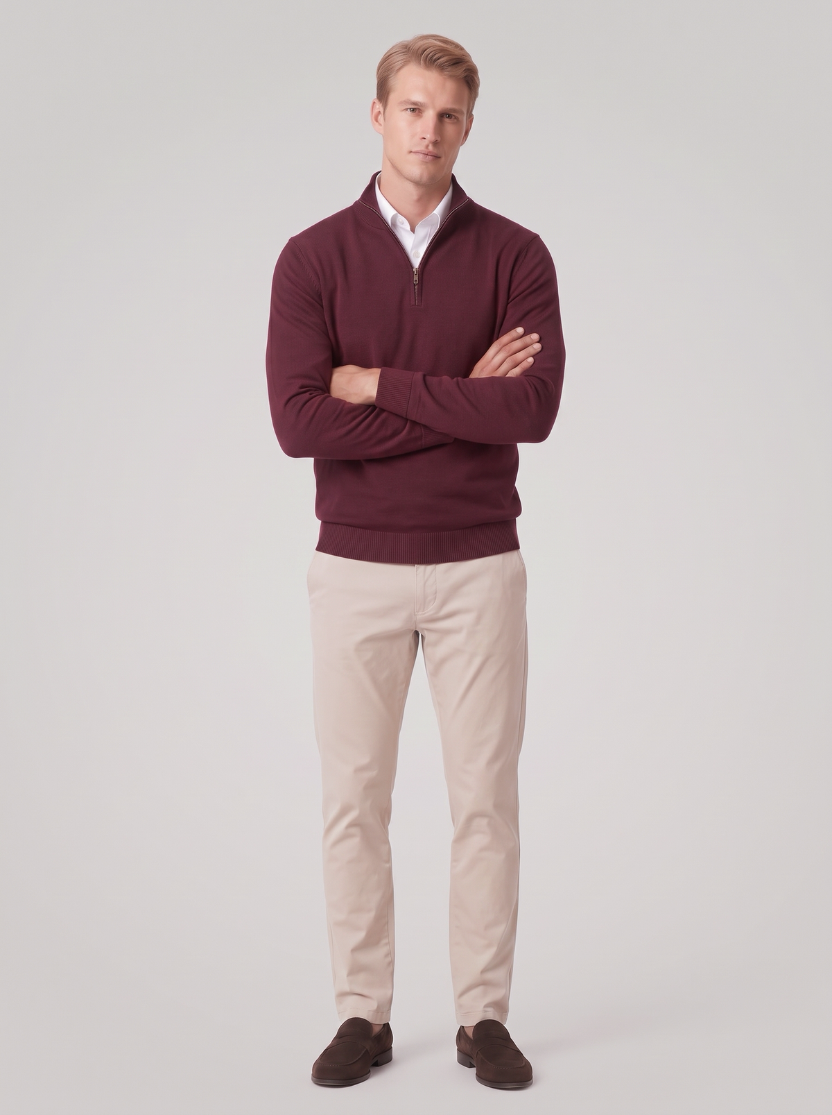 James | Men’s Quarter-Zip Jumper | Stand Collar Ribbed Cuffs Everyday Wear - burgundy, full-length view, image 14 - Glorysoul