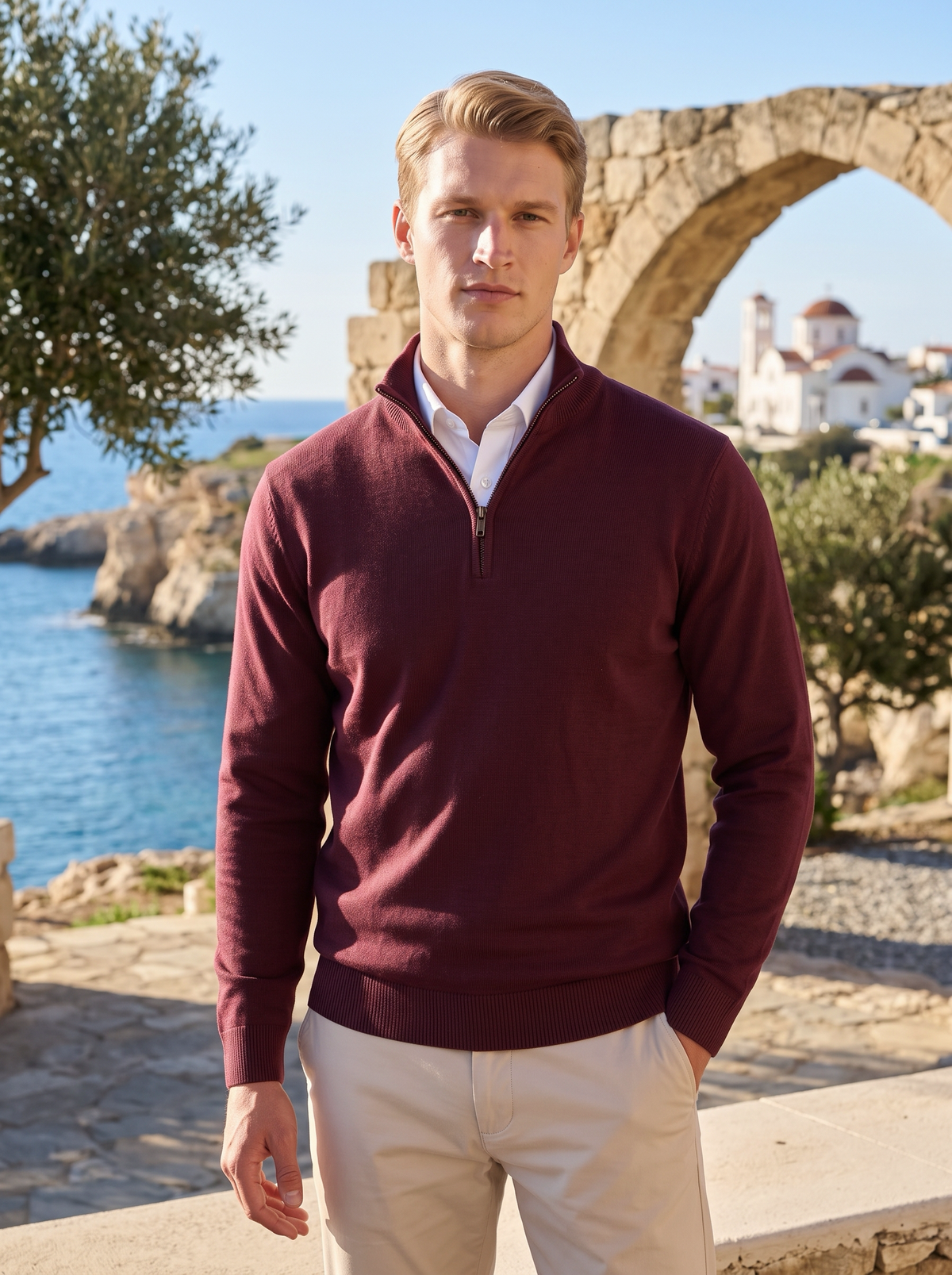James | Men’s Quarter-Zip Jumper | Stand Collar Ribbed Cuffs Everyday Wear - burgundy, outdoor view, image 15 - Glorysoul