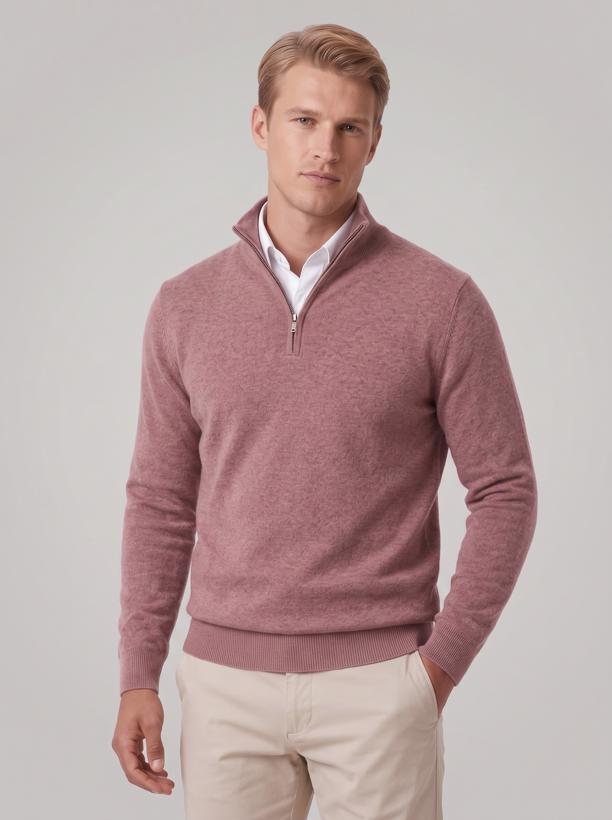 James | Men’s Quarter-Zip Jumper | Stand Collar Ribbed Cuffs Everyday Wear - pink, front view, image 16 - Glorysoul
