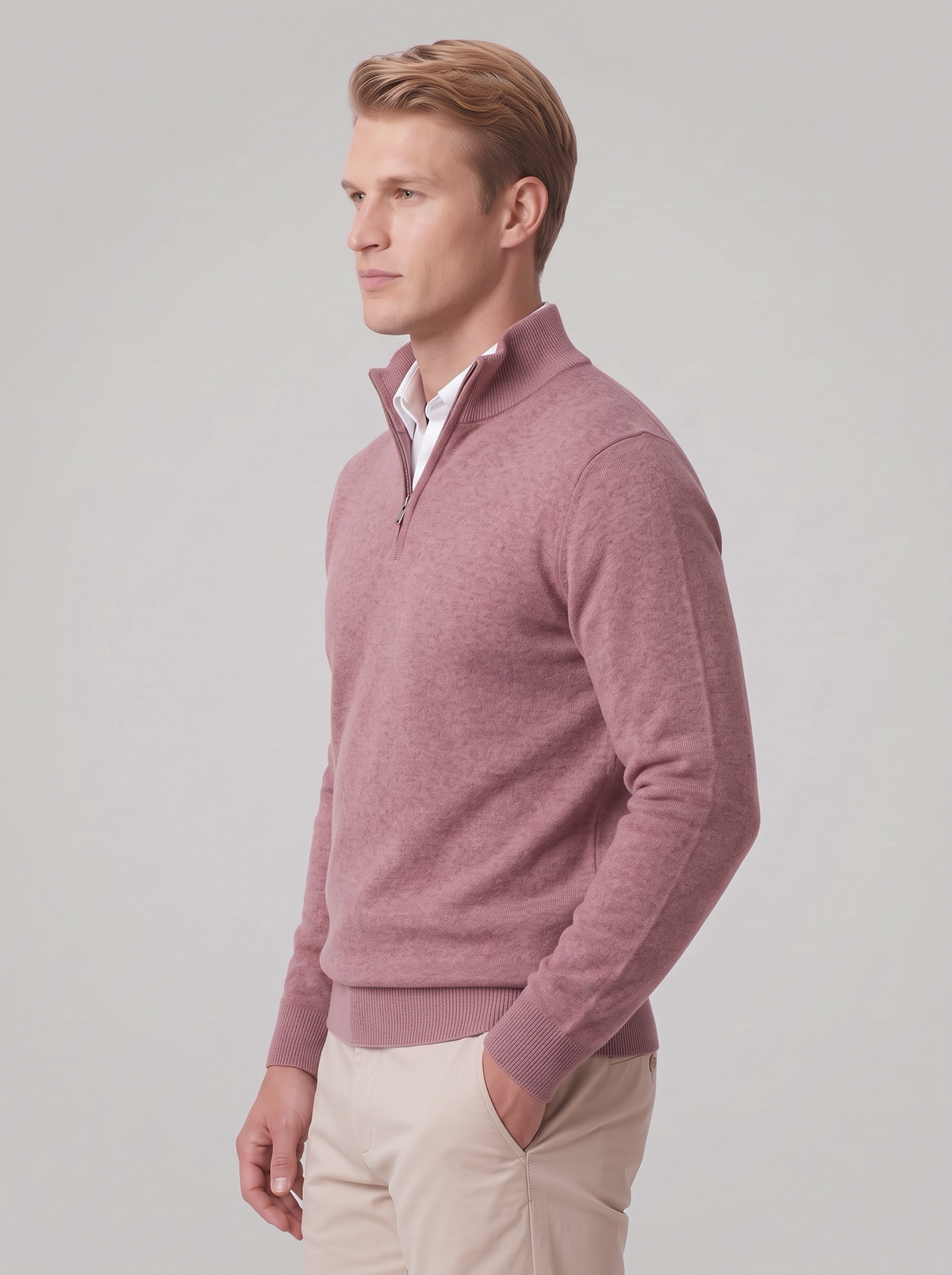 James | Men’s Quarter-Zip Jumper | Stand Collar Ribbed Cuffs Everyday Wear - pink, side view, image 17 - Glorysoul