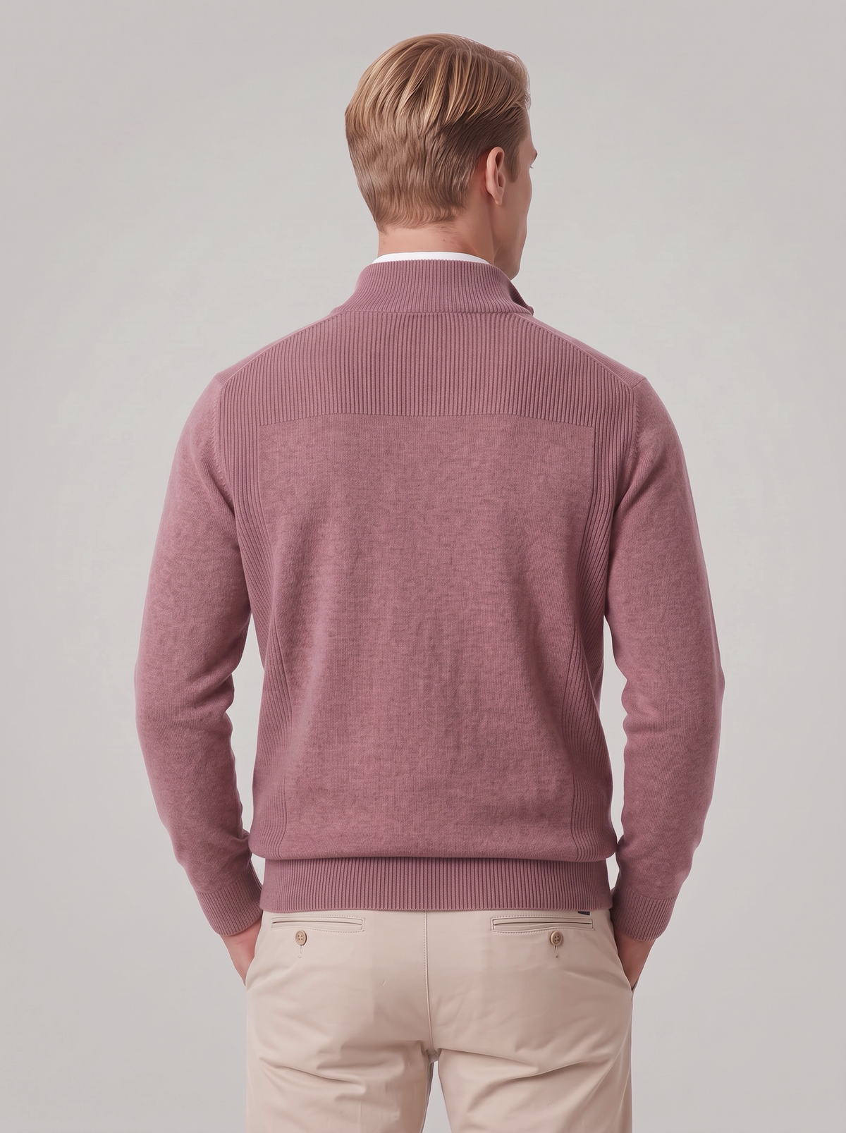 James | Men’s Quarter-Zip Jumper | Stand Collar Ribbed Cuffs Everyday Wear - pink, back view, image 18 - Glorysoul