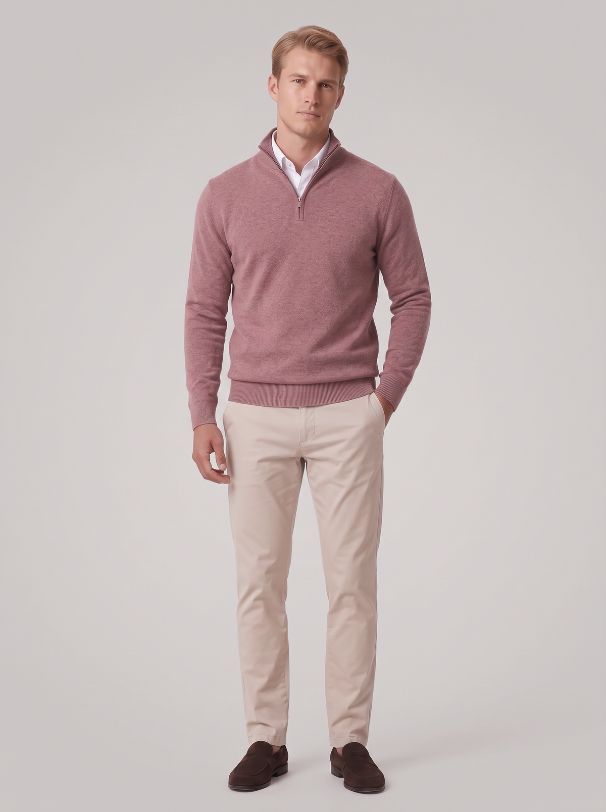James | Men’s Quarter-Zip Jumper | Stand Collar Ribbed Cuffs Everyday Wear - pink, full-length view, image 19 - Glorysoul