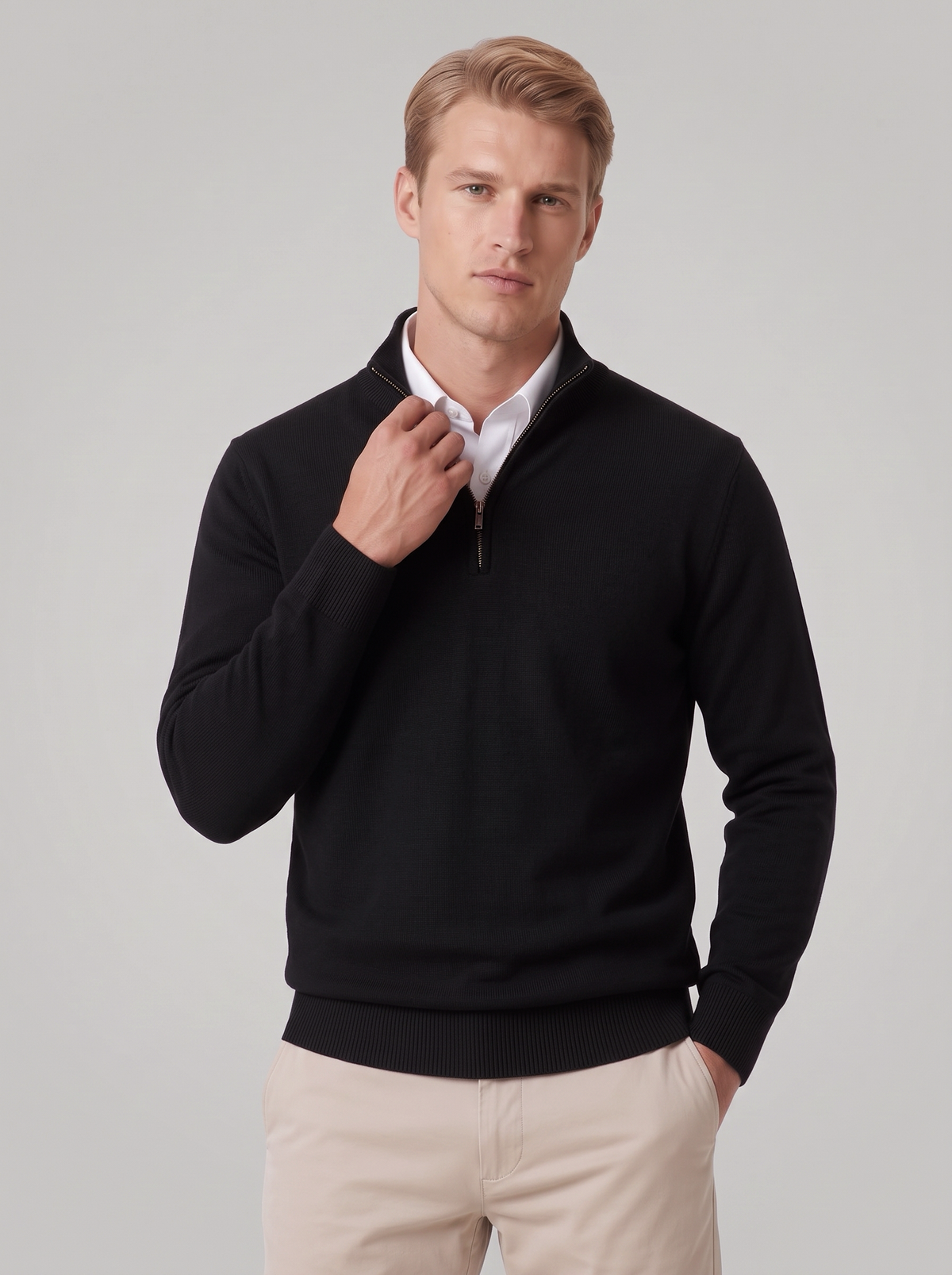 James | Men’s Quarter-Zip Jumper | Stand Collar Ribbed Cuffs Everyday Wear - black, front view, image 21 - Glorysoul