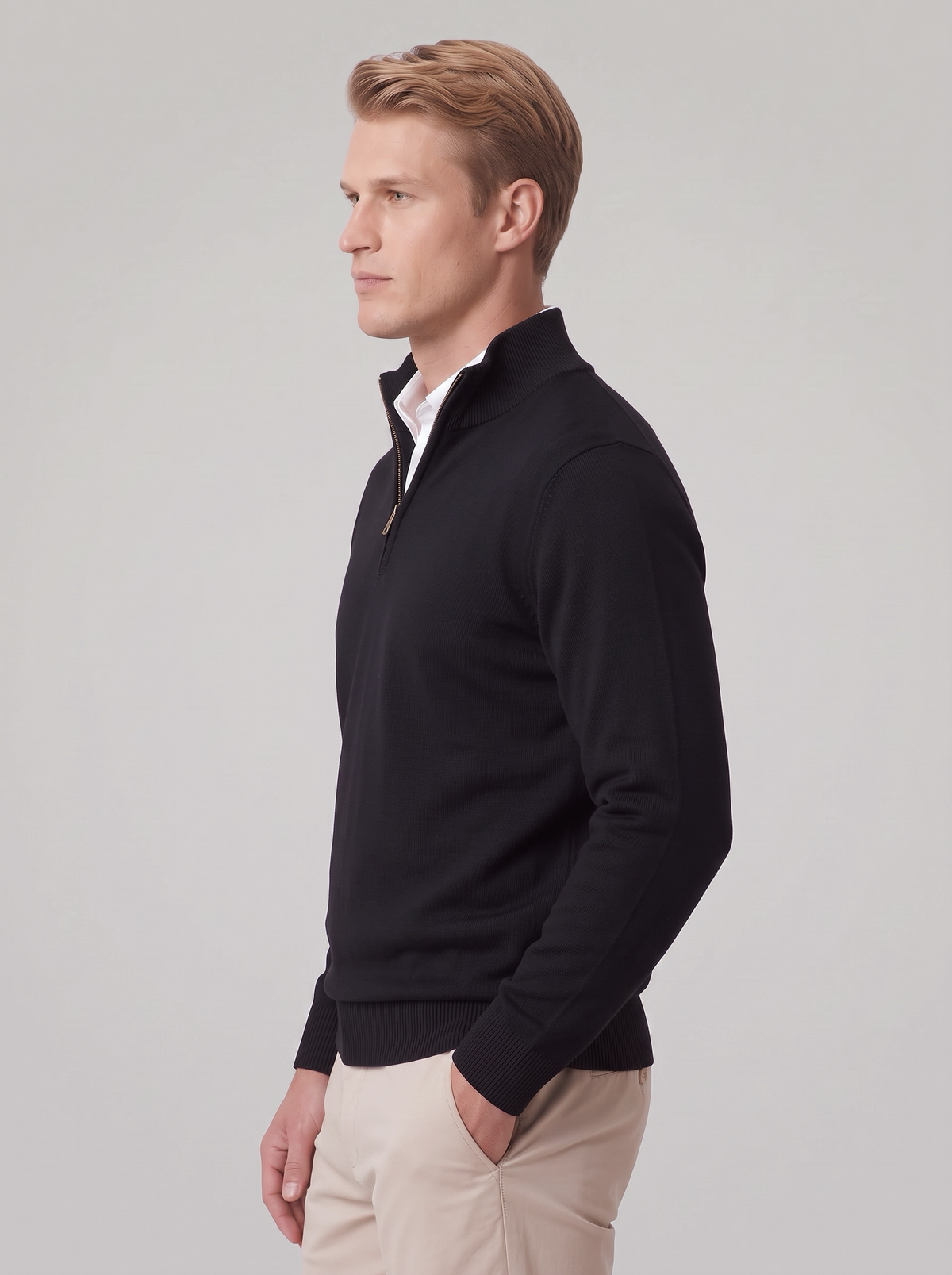 James | Men’s Quarter-Zip Jumper | Stand Collar Ribbed Cuffs Everyday Wear - black, side view, image 22 - Glorysoul
