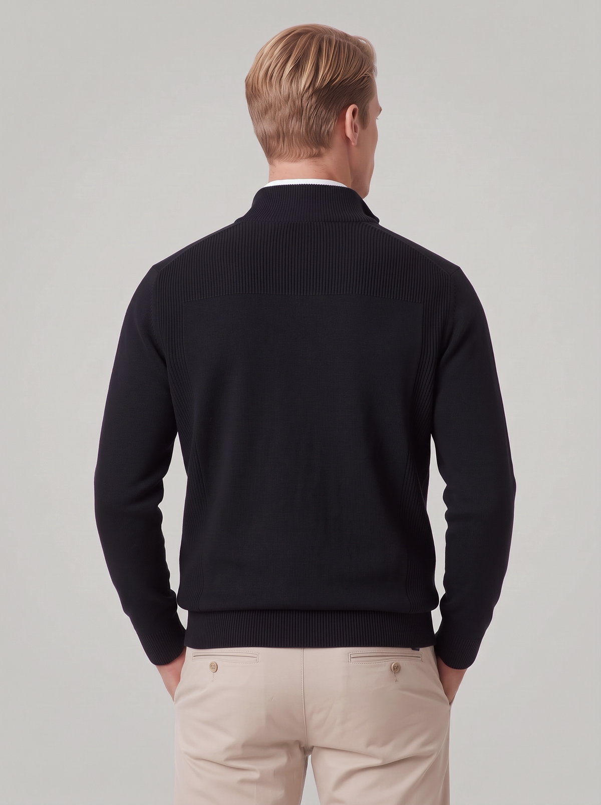 James | Men’s Quarter-Zip Jumper | Stand Collar Ribbed Cuffs Everyday Wear - black, back view, image 23 - Glorysoul
