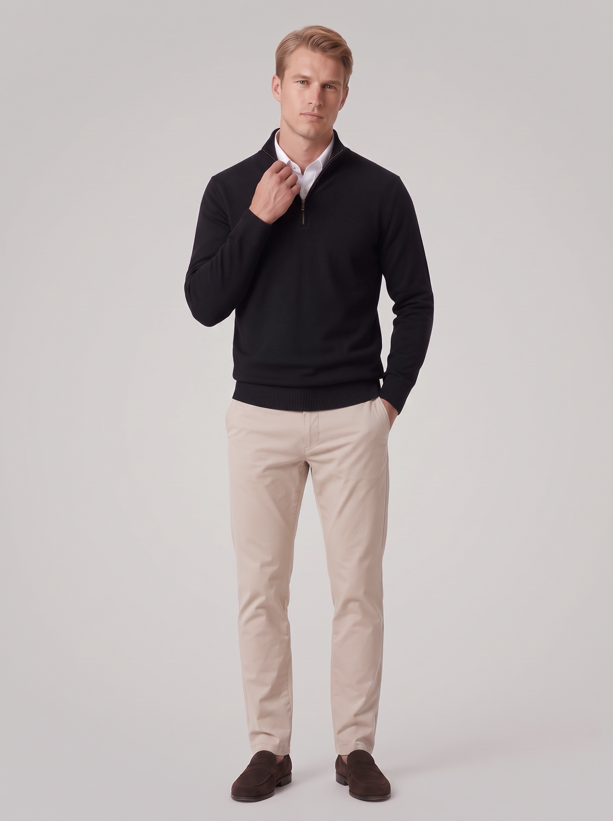 James | Men’s Quarter-Zip Jumper | Stand Collar Ribbed Cuffs Everyday Wear - black, full-length view, image 24 - Glorysoul